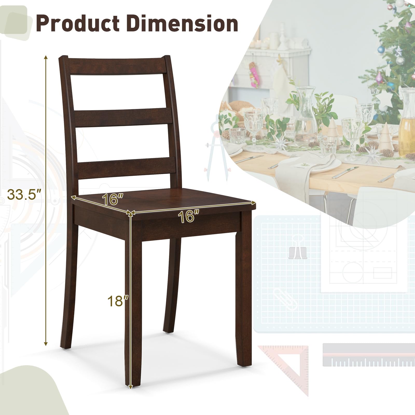 Set of 4 Walnut Wood Dining Chairs, Armless Ladder Back Kitchen Chairs with Solid Legs, 400 lb Capacity