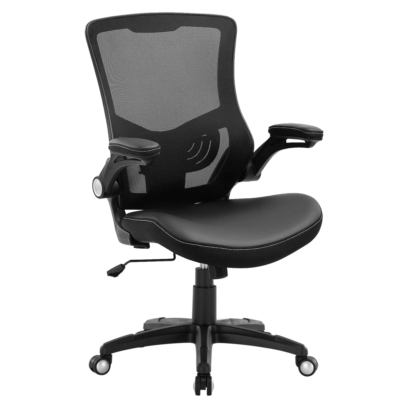Ergonomic PU Leather Desk Chair, Mesh Back Computer Chair with Flip-Up Arms & Adjustable Lumbar Support