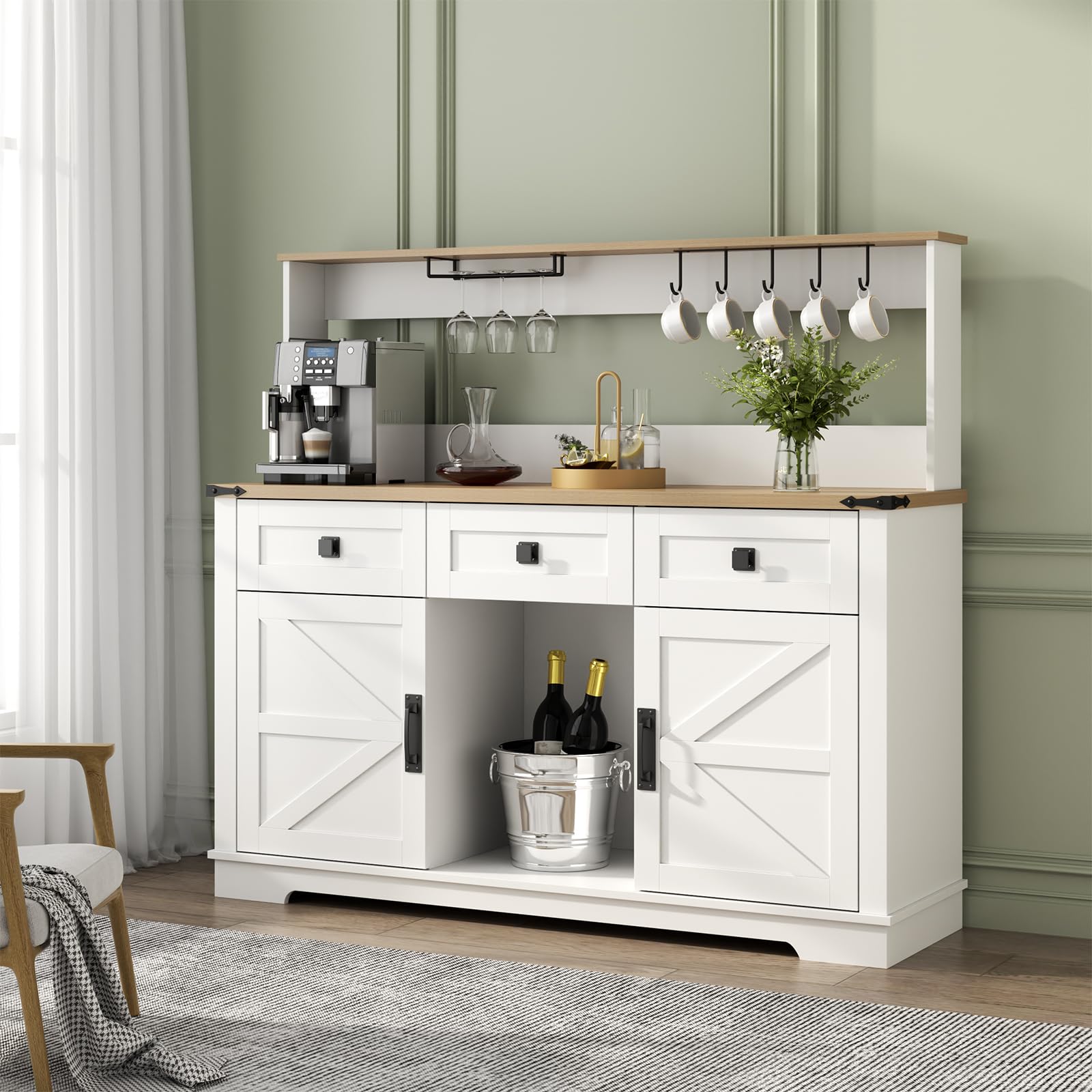 White Farmhouse Bar Cabinet with Hutch, Buffet Storage Unit with 3 Drawers, Goblet Holder, Cup Hooks for Dining Room