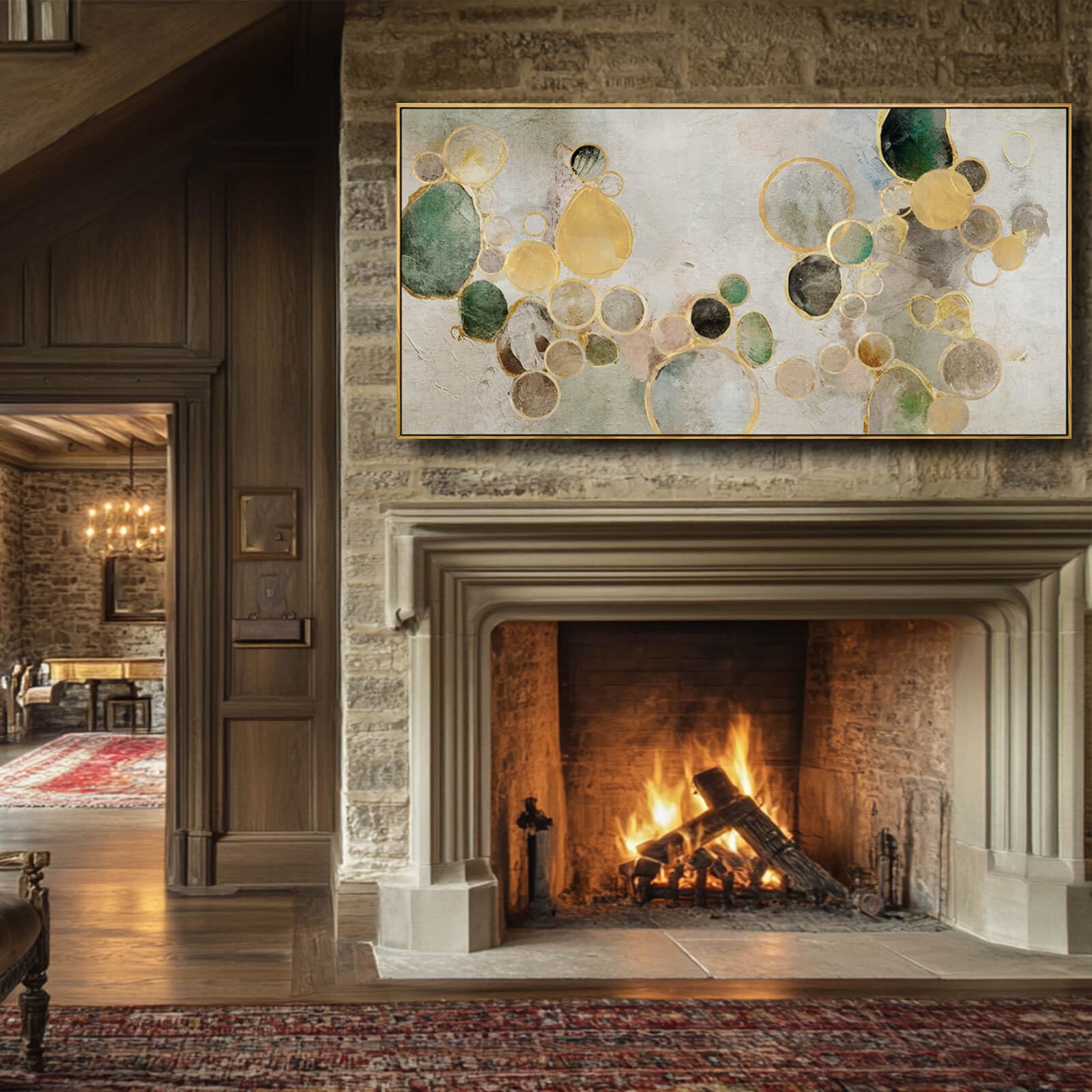 Large Abstract Wall Art – 29"x58" Gold Circle & Green Canvas Print for Living Room, Office or Bedroom Walls