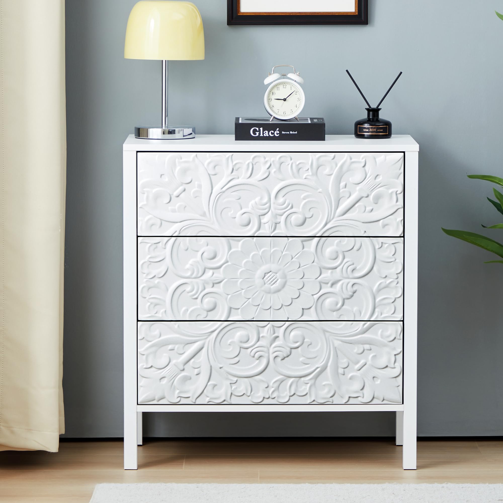White 3-Drawer Wide Dresser, Carved Nightstand Cabinet with Storage for Bedroom, Hallway, Entryway, Office