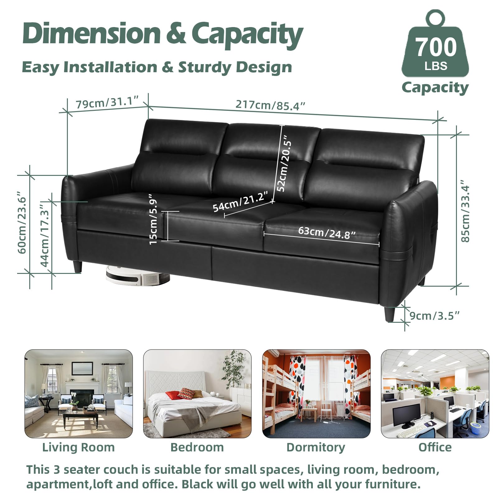 85” Black Faux Leather Couch with USB, Mid-Century 3-Seater Sofa for Living Room, Office, Apartment, Modern Design