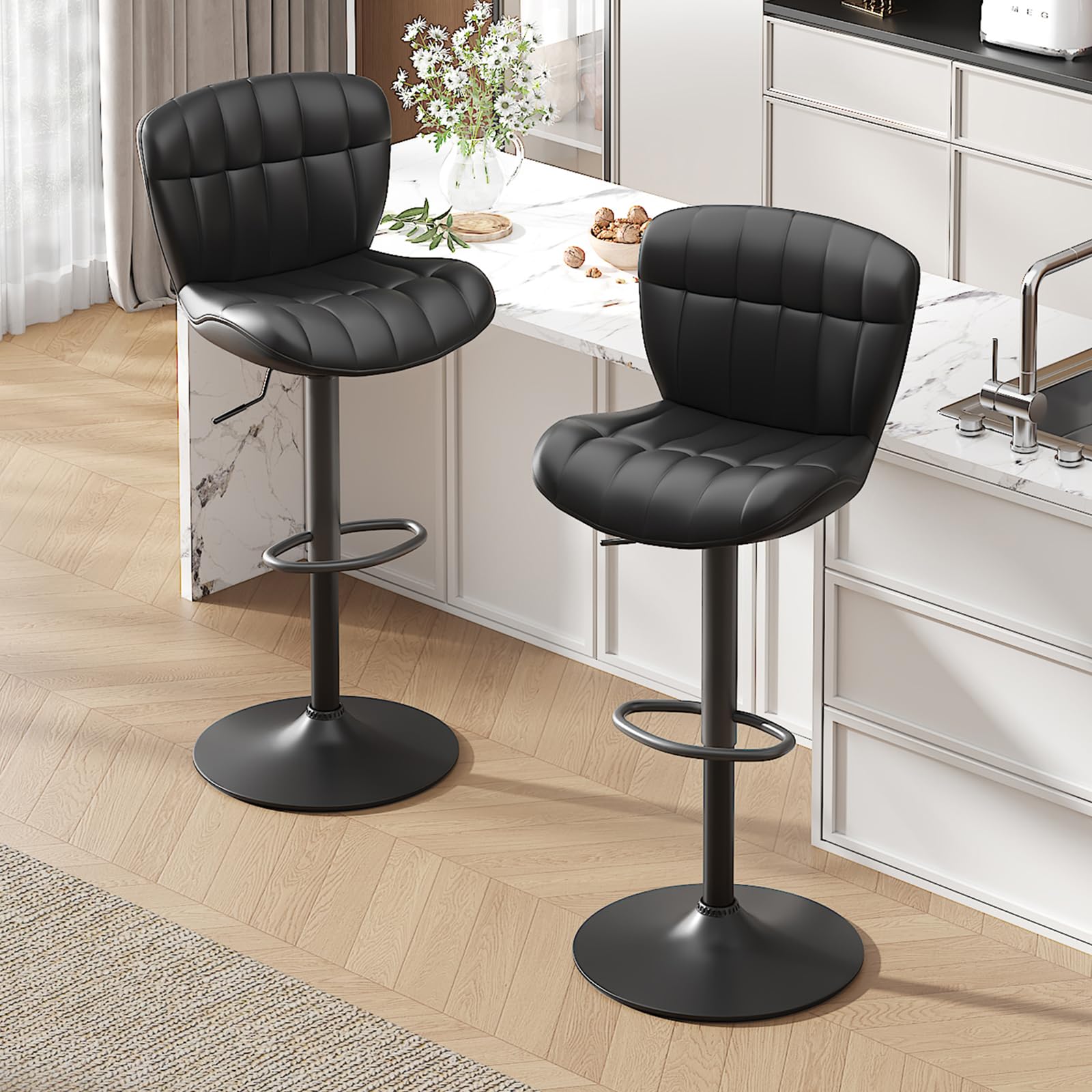 Modern Barstools Set of 2, Faux Leather Swivel Bar Stools with Backs for Kitchen Island, Upholstered Bar Height Chairs, Black