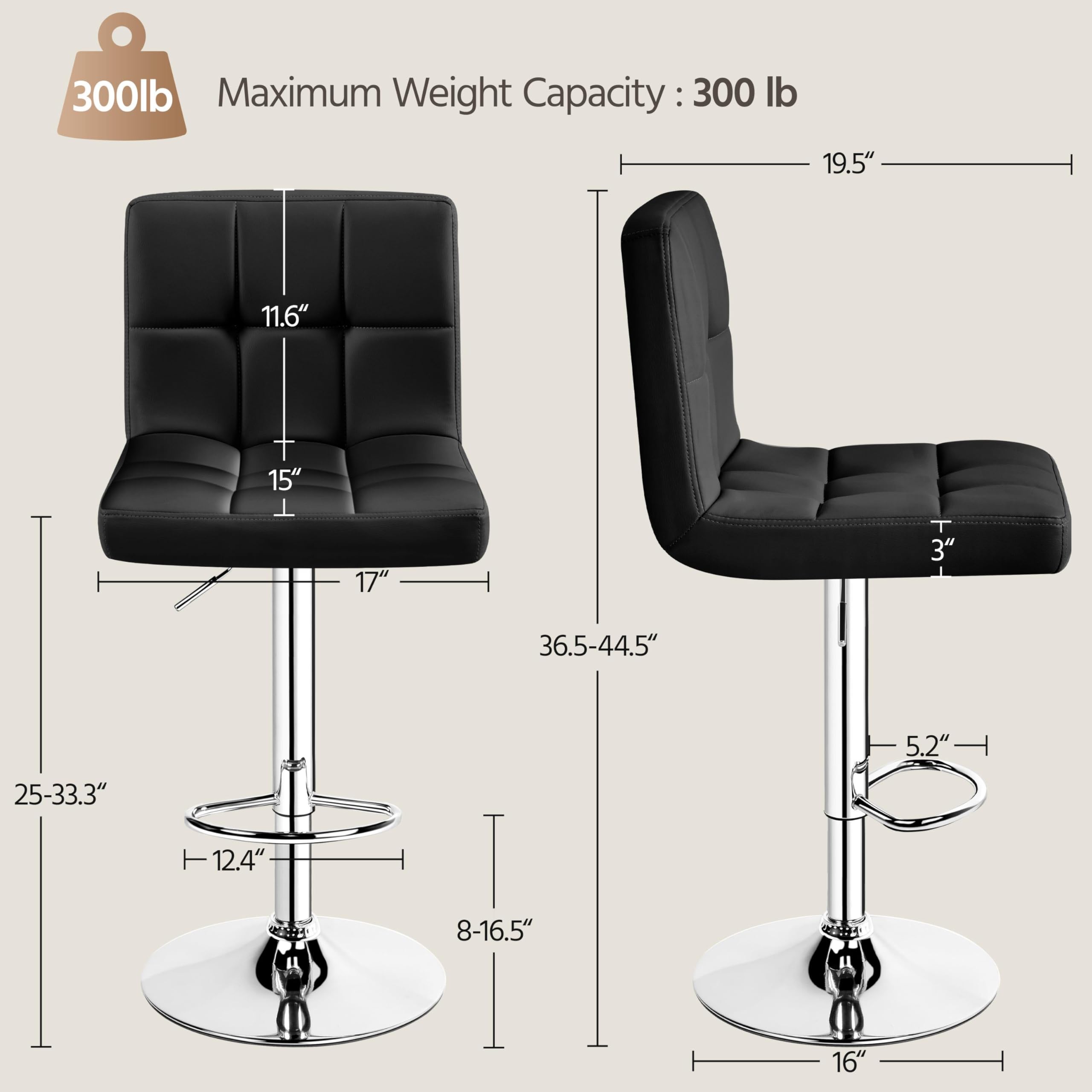 Bar Stools Set of 2, PU Leather Adjustable Swivel Counter Stools with Back & Footrest, Modern Bar Chairs for Kitchen, Black