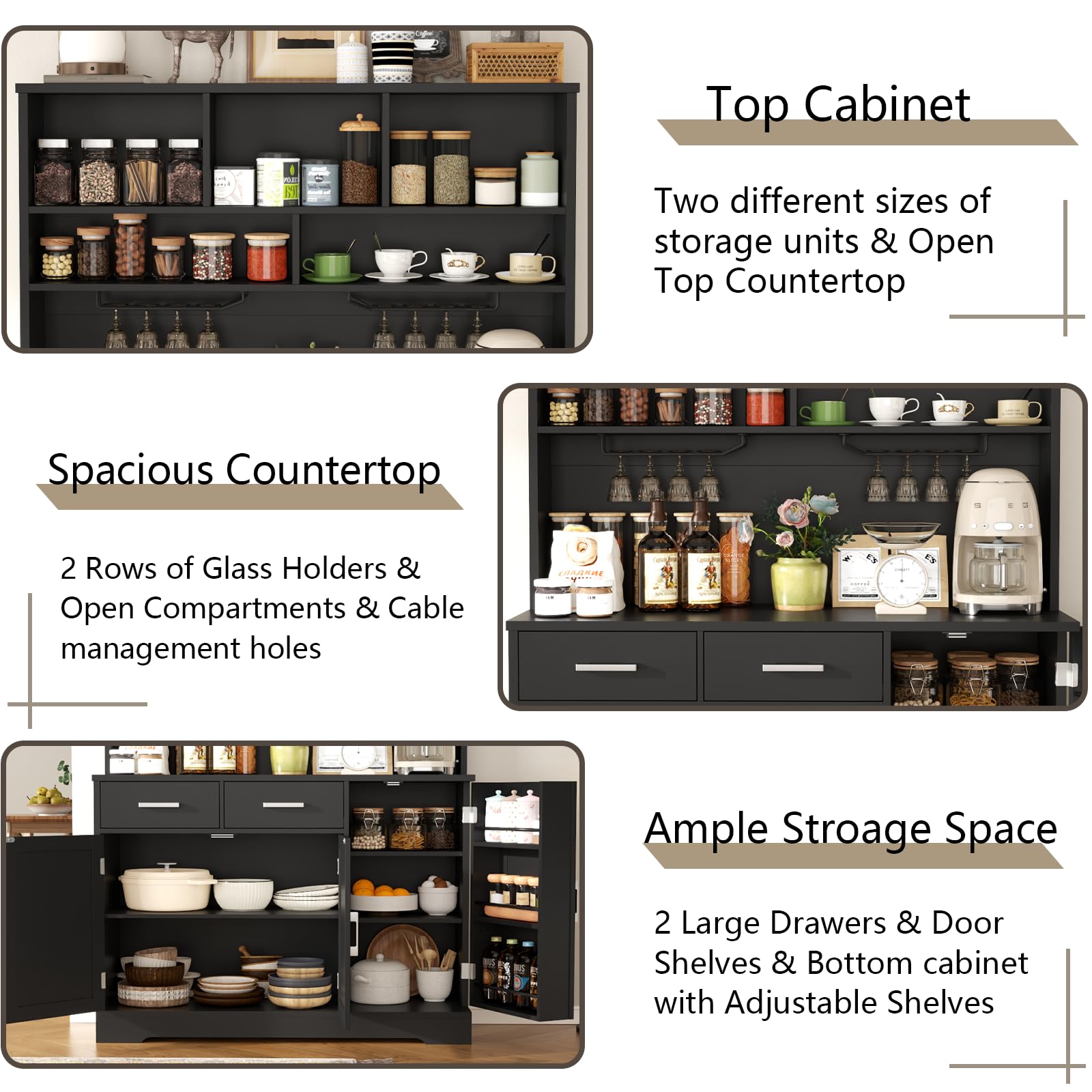 FURNIXI Pantry Storage Cabinet with Drawers, Black Tall Hutch with Microwave Shelf, Goblet Holders, Adjustable Shelves for Kitchen