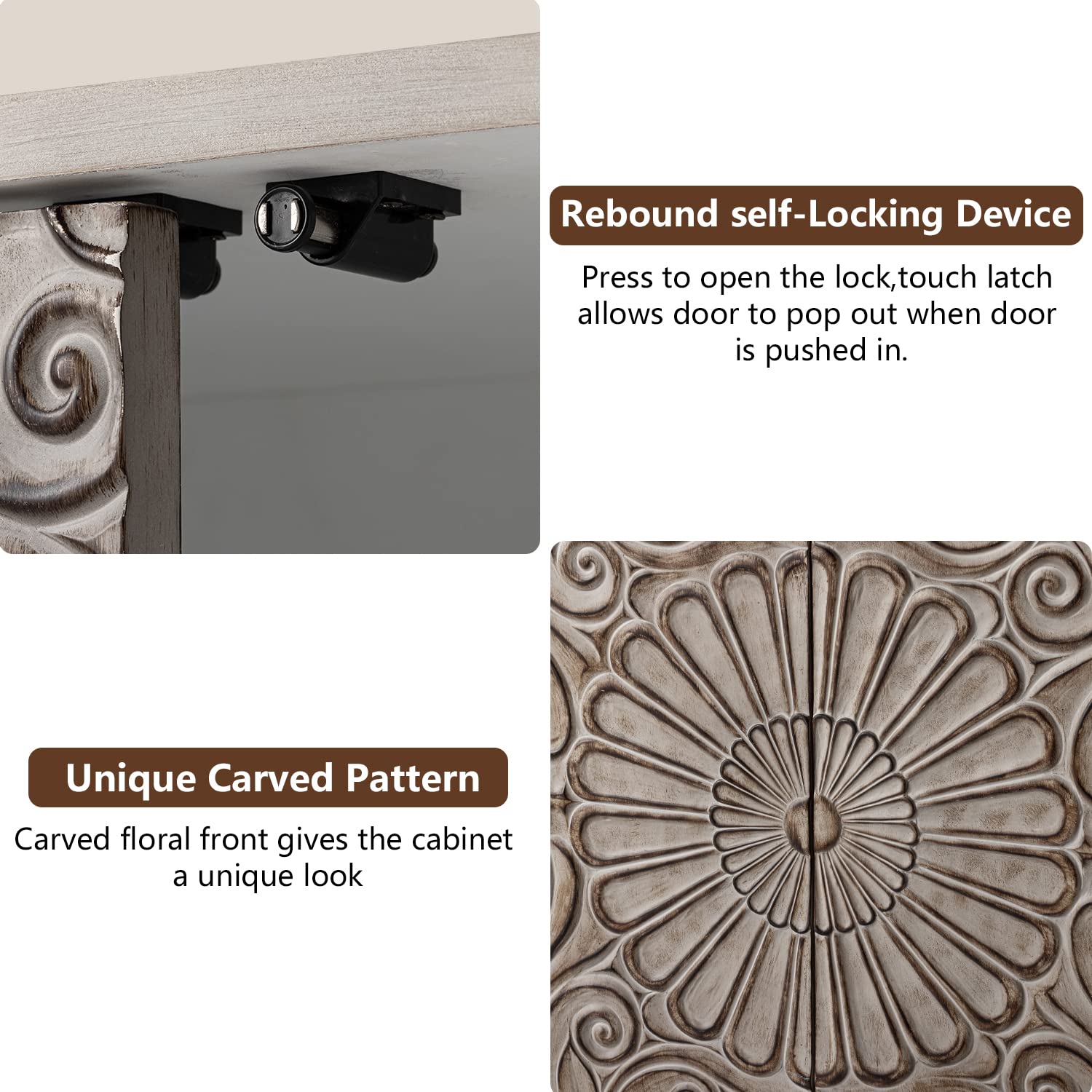 32" Sideboard Buffet Cabinet with Flower Pattern Doors, Vintage Push-to-Open Storage Table for Hallway, Gray