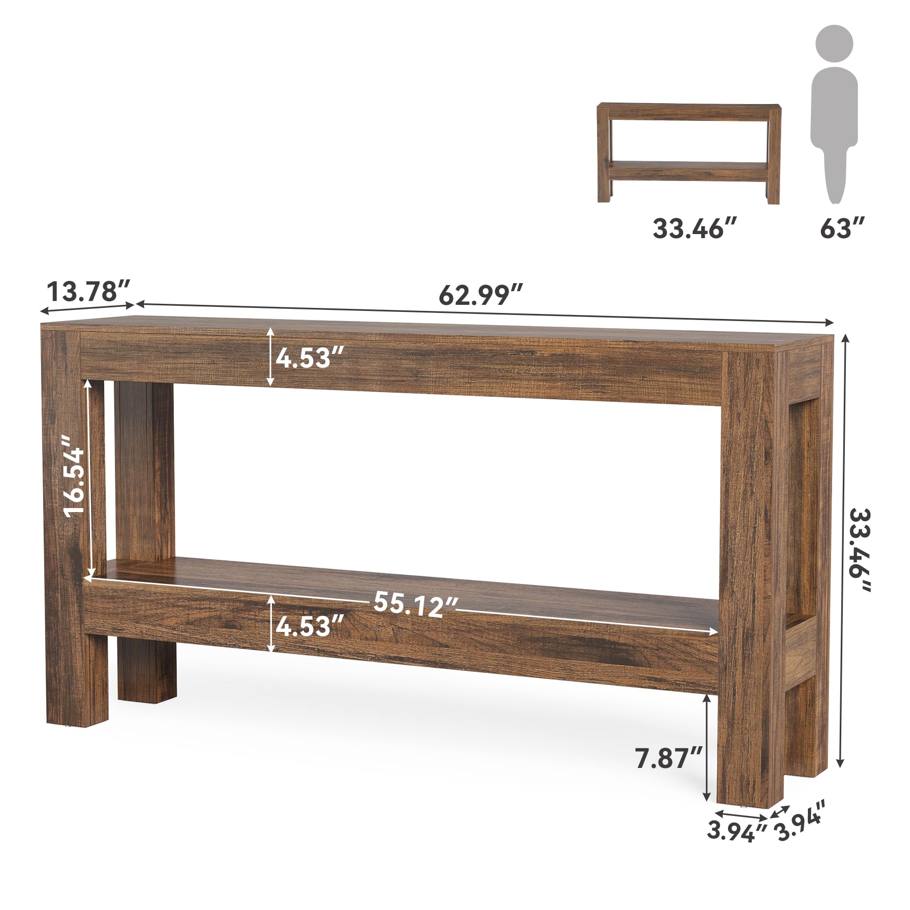 63" Narrow Console Table with 2-Tier Shelves, Farmhouse Wooden Entryway Table for Sofa, Hallway, or Living Room