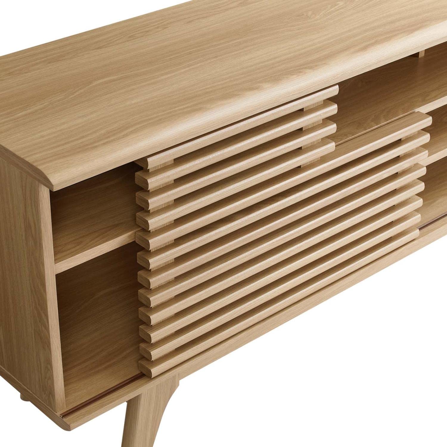 71" Mid-Century TV Stand – Low Profile Oak Wood Media Console with Open Storage for Living Room