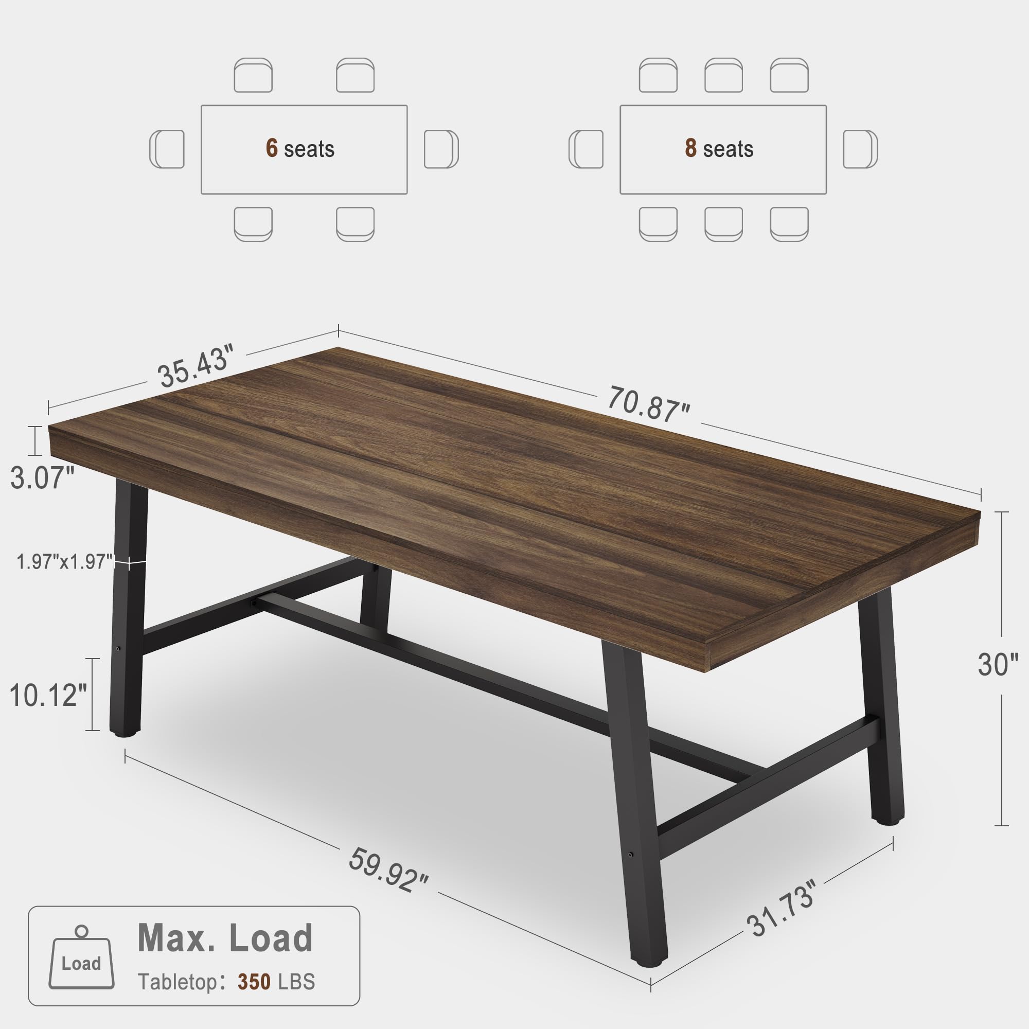 70.87" Long Dining Table, Rustic Brown Wooden Kitchen Table with Metal Frame, Seats 6-8 People Comfortably