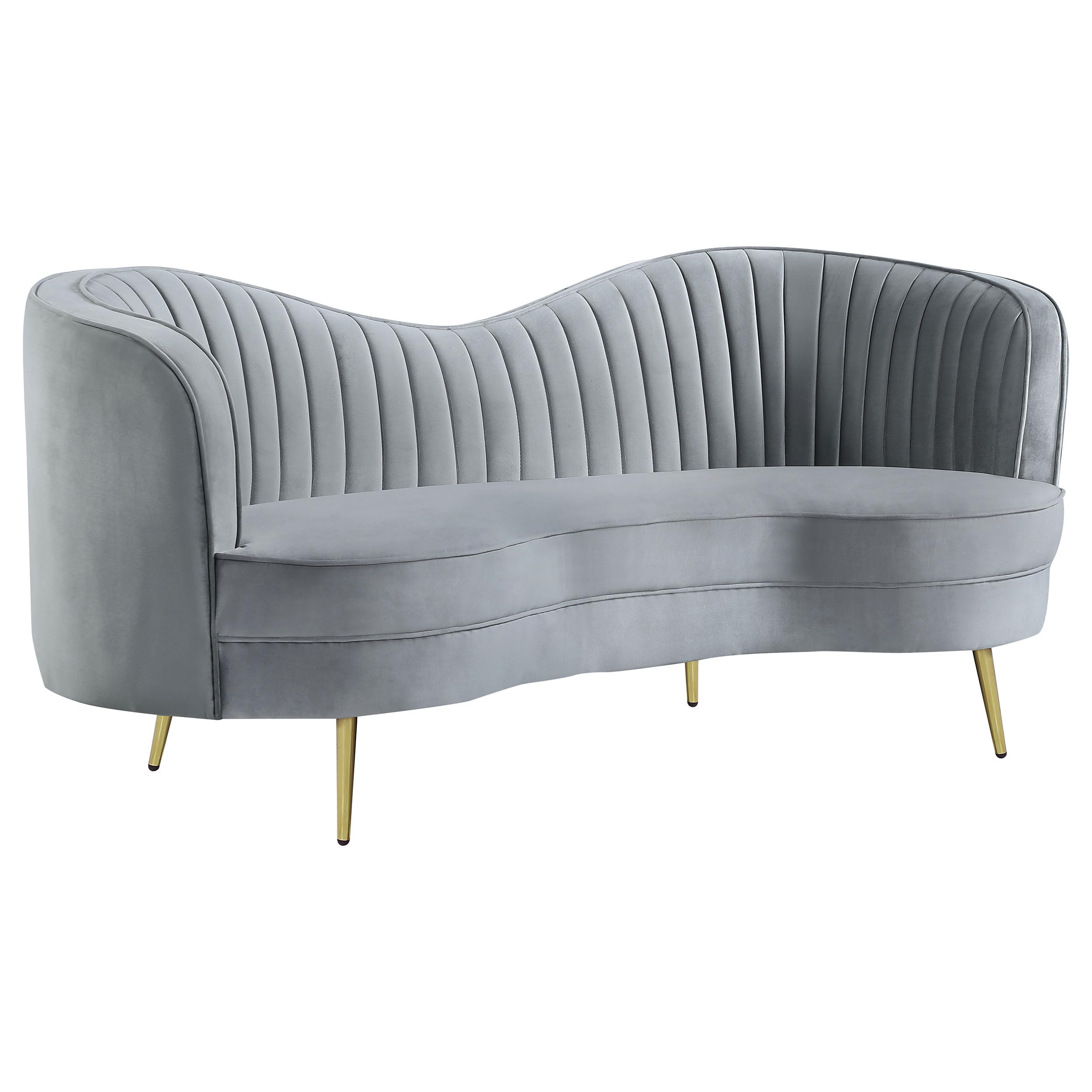 Sophia Gray Tufted Loveseat Sofa with Inverted Camel Back, Velvet Upholstery & Gold Legs for Living Room