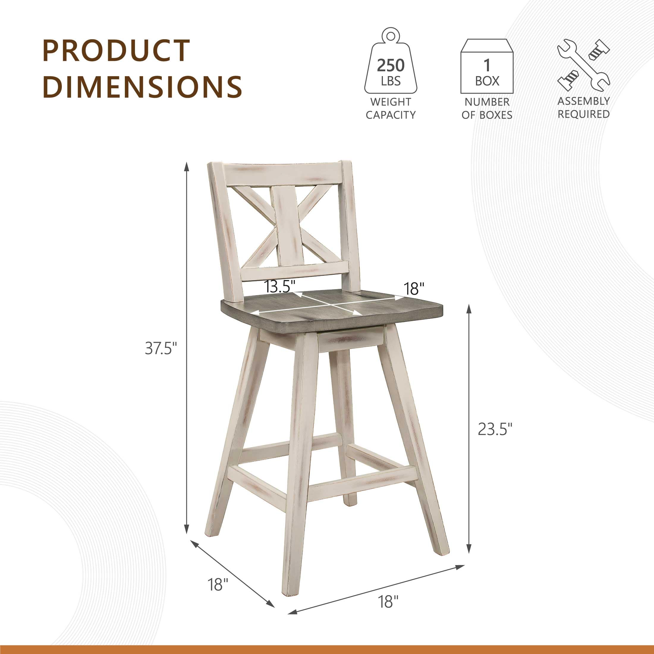 Set of 2 Solid Wood Swivel Counter Bar Stools, Tall Farmhouse X-Back Kitchen Island Chairs, Rustic White