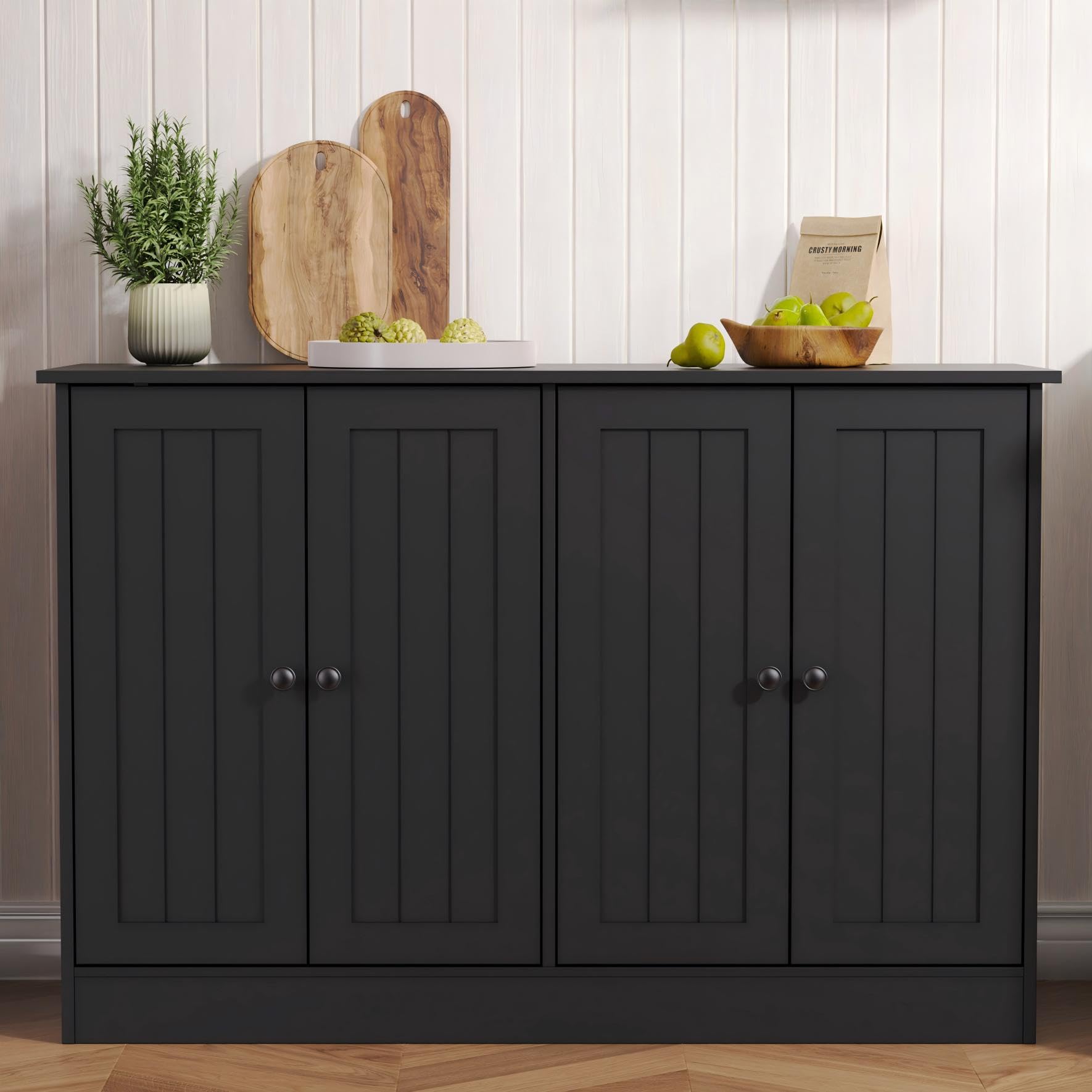 Sideboard Buffet Cabinet with Storage, 47" Black Wood Kitchen Cabinet with 4 Doors, Farmhouse Coffee Bar for Dining Room