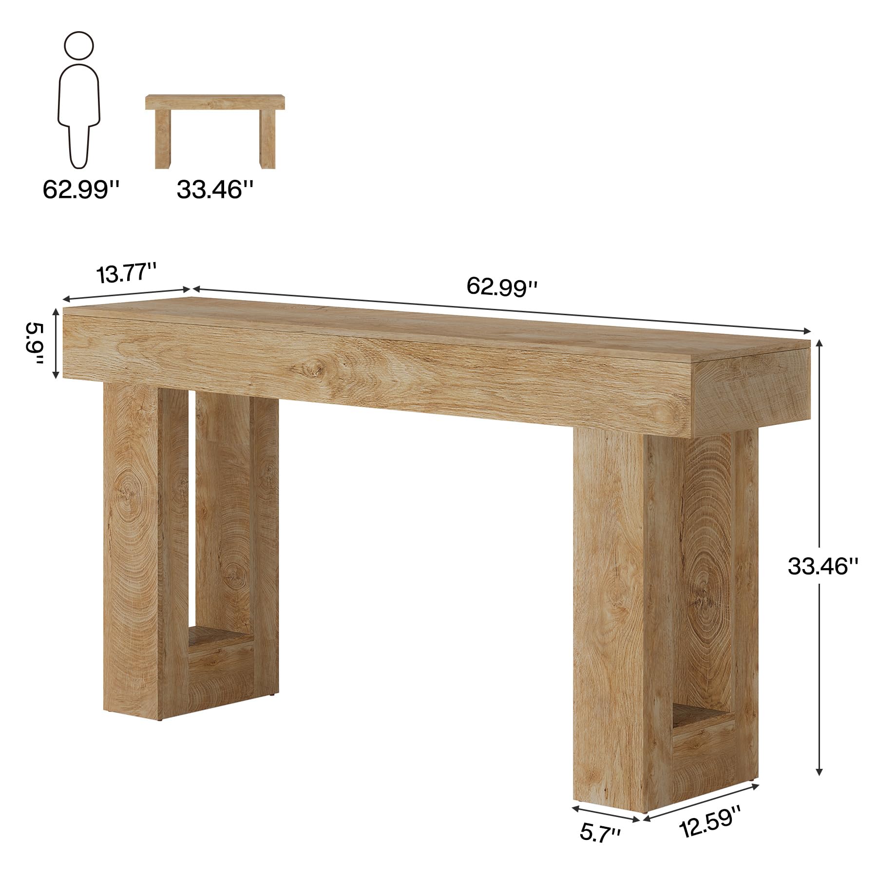 63" Long Wooden Console Table, Farmhouse Sofa Table for Entryway or Hallway, Rectangular Behind Couch Table, Natural