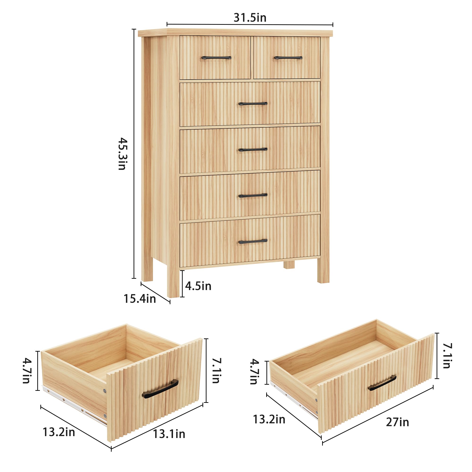 Fluted 6 Drawer Boho Dresser, Tall Wooden Chest for Bedroom Storage with Metal Handles, Natural Oak Finish