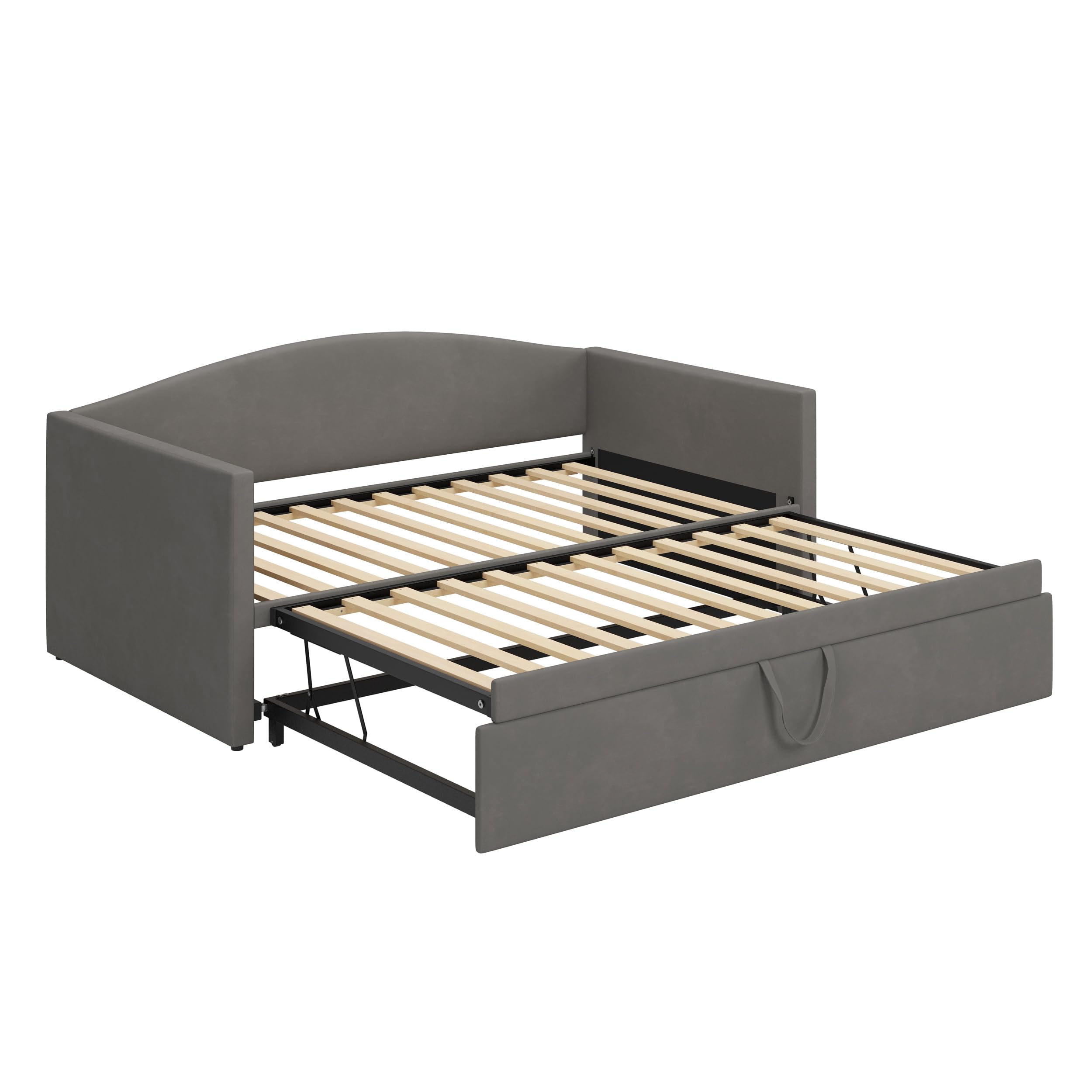Velvet Twin Daybed – Grey Upholstered Frame with Pop-Up Trundle, Space-Saving Design for Guest Room