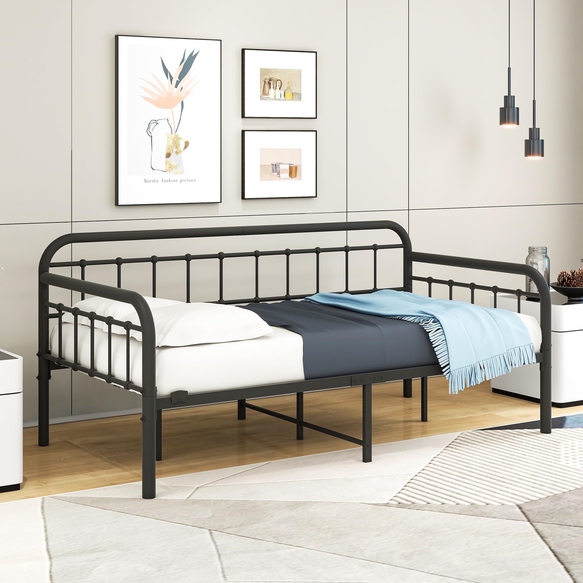 Metal Twin Daybed Frame – Black Sanded Platform Sofa Bed with Heavy-Duty Steel Slats for Bedroom or Guest Room