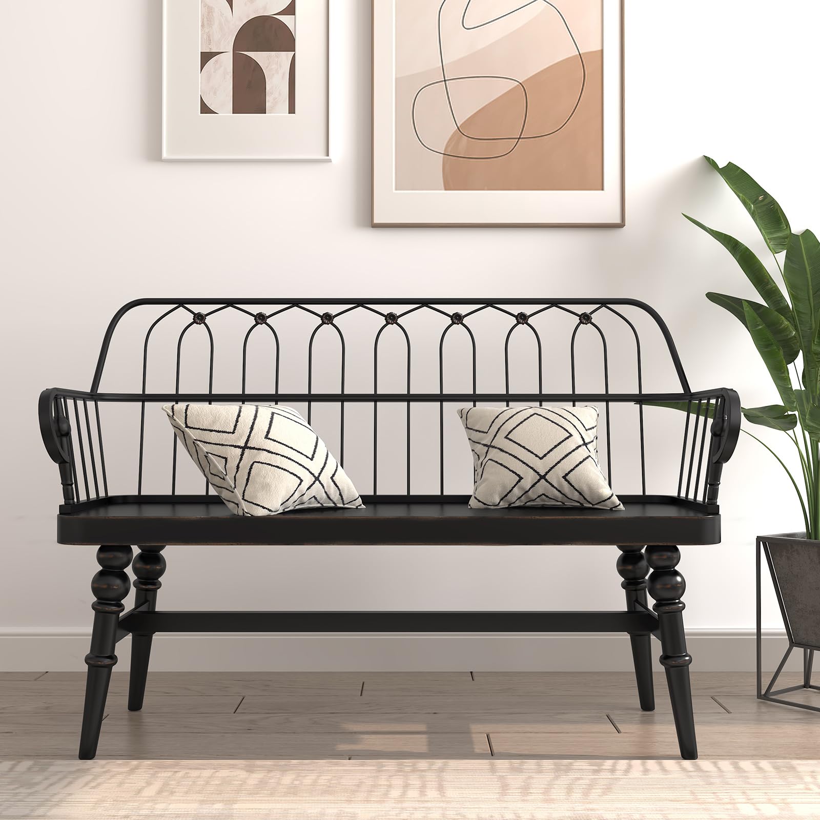 Farmhouse Spindle Back Entryway Bench, Wooden Dining Bench for Living Room, Mudroom, Hallway