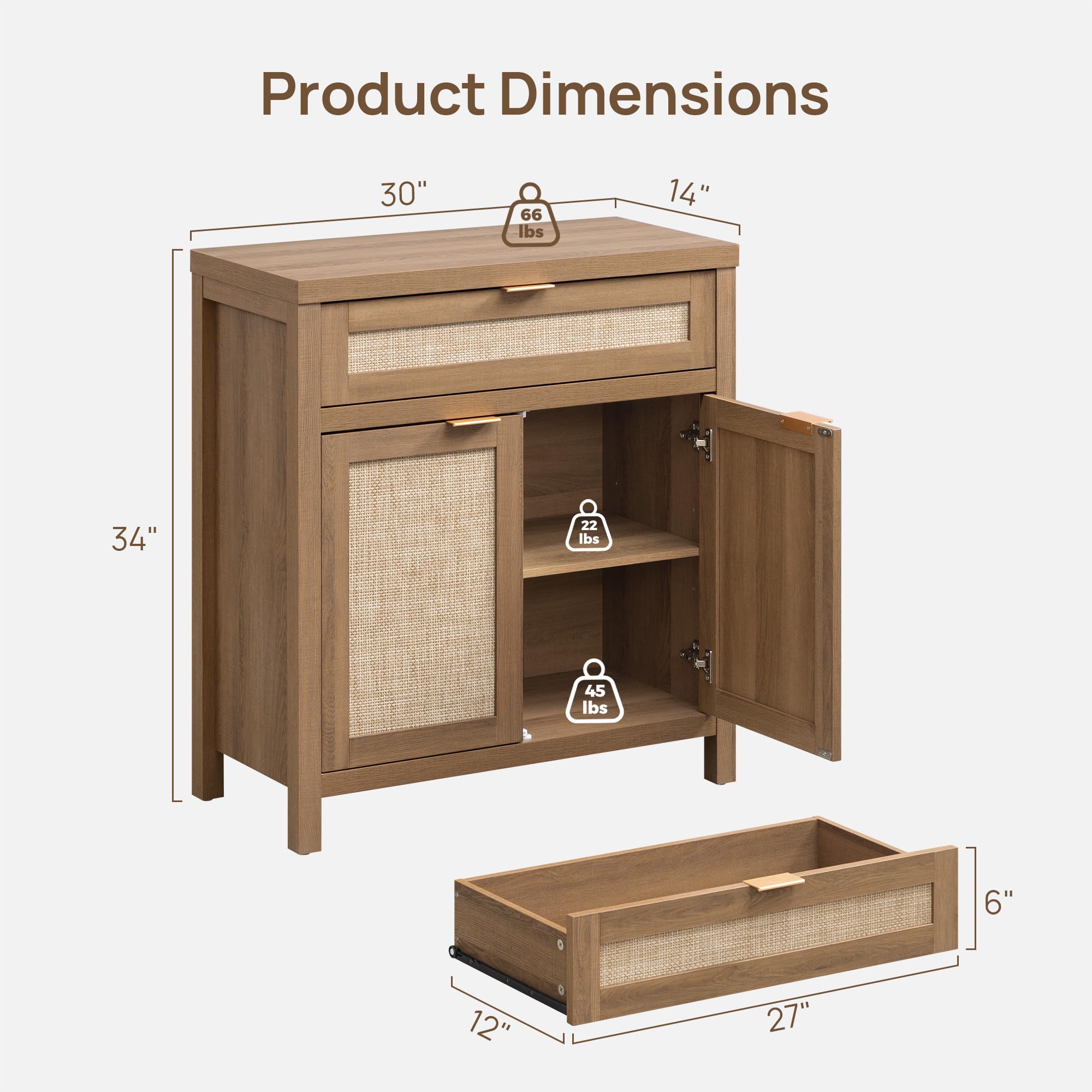 Sideboard Buffet Cabinet Set of 2, Natural Oak Rattan Storage Credenza with Drawer, Boho Coffee Bar for Entryway Living Room