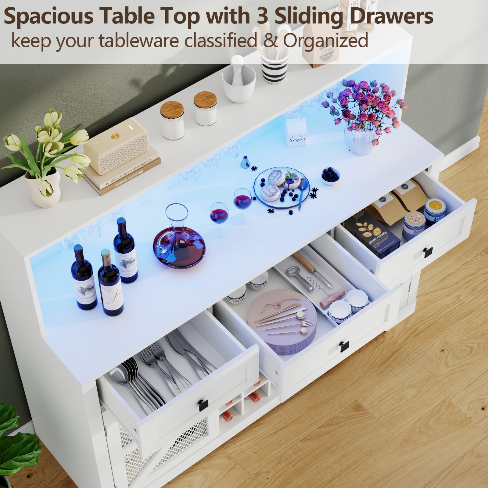 White Wine Bar Cabinet with LED Light, Kitchen Buffet with 3 Drawers, Goblet Holder, Mirror & Adjustable Storage Shelf