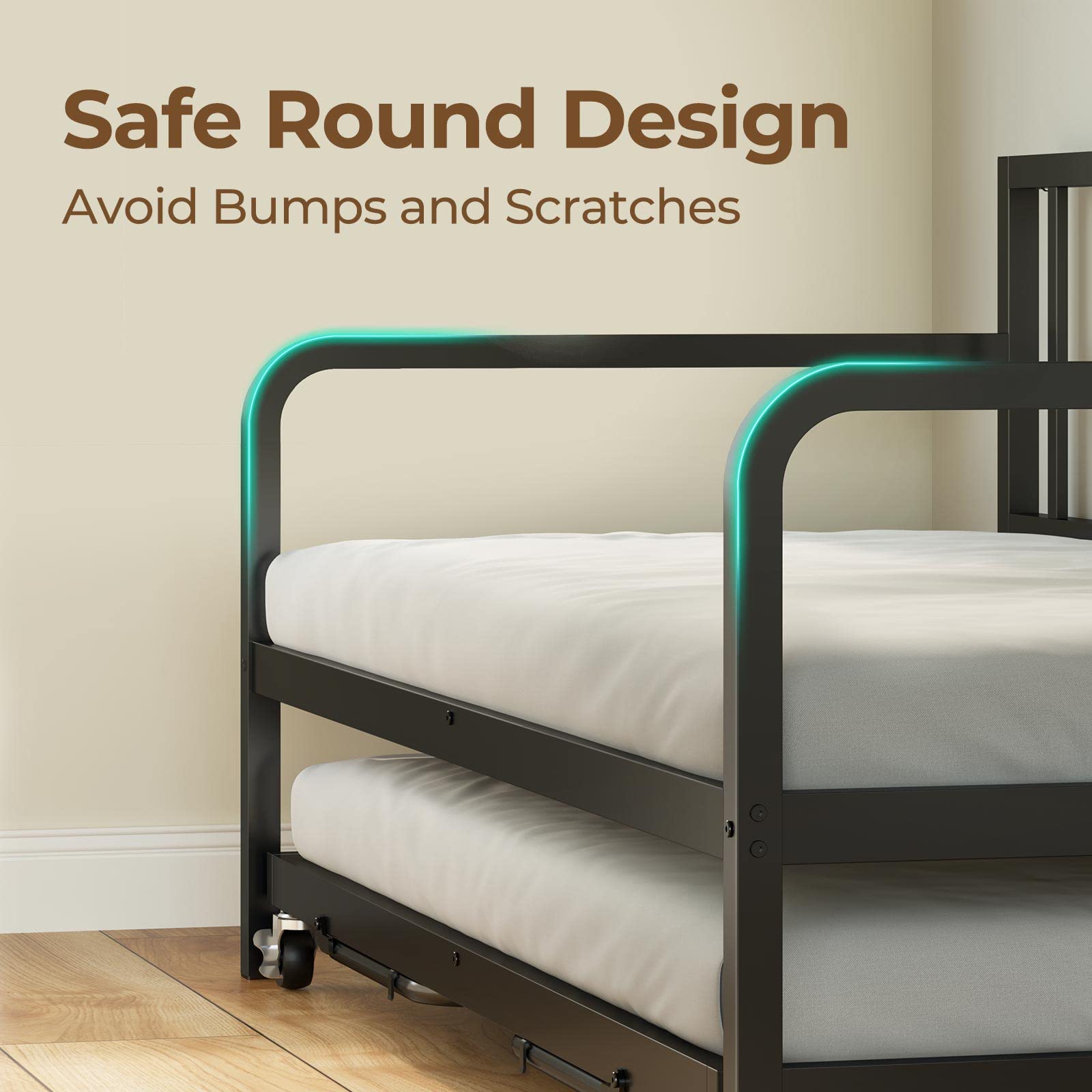 Adjustable Twin Daybed – Metal Sofa Bed with Trundle, Charging Station & LED Lights, Great for Living Room or Guest Room