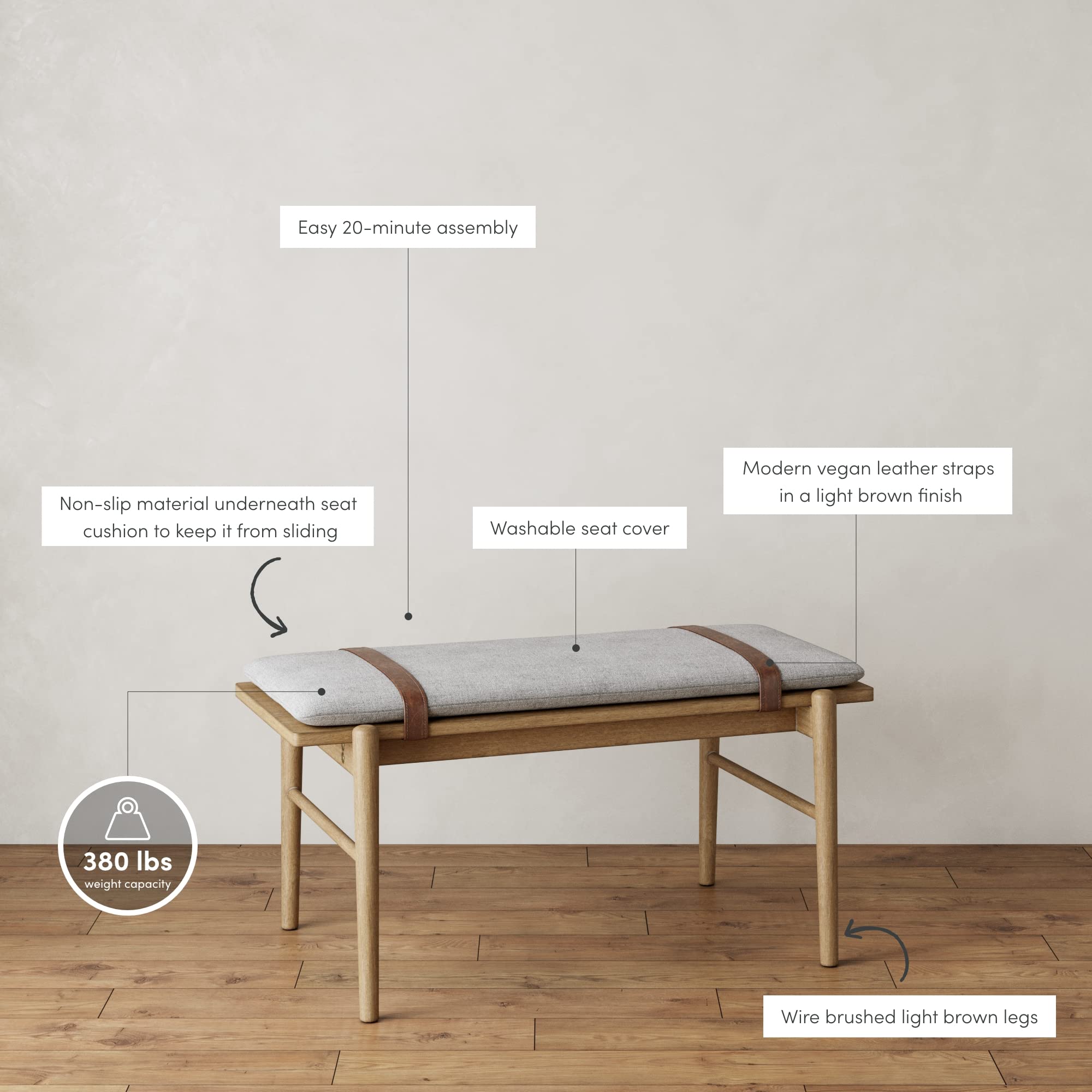 Gugan Mid-Century Wooden Bench Seat, Light Brown Bench with Ivory Cushion for Entryway, Bedroom