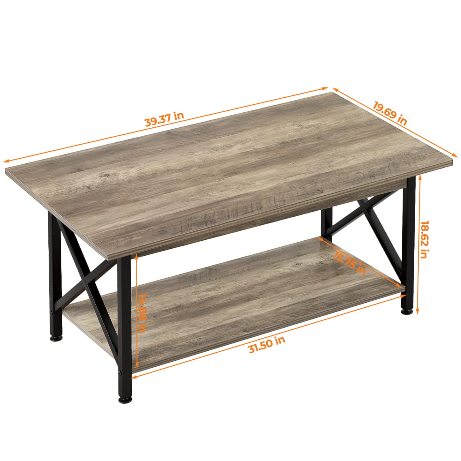 FURNIXI 39" Modern 2-Tier Coffee Table, Grey Wash X-Frame Farmhouse Living Room Table with Storage, Easy Assembly