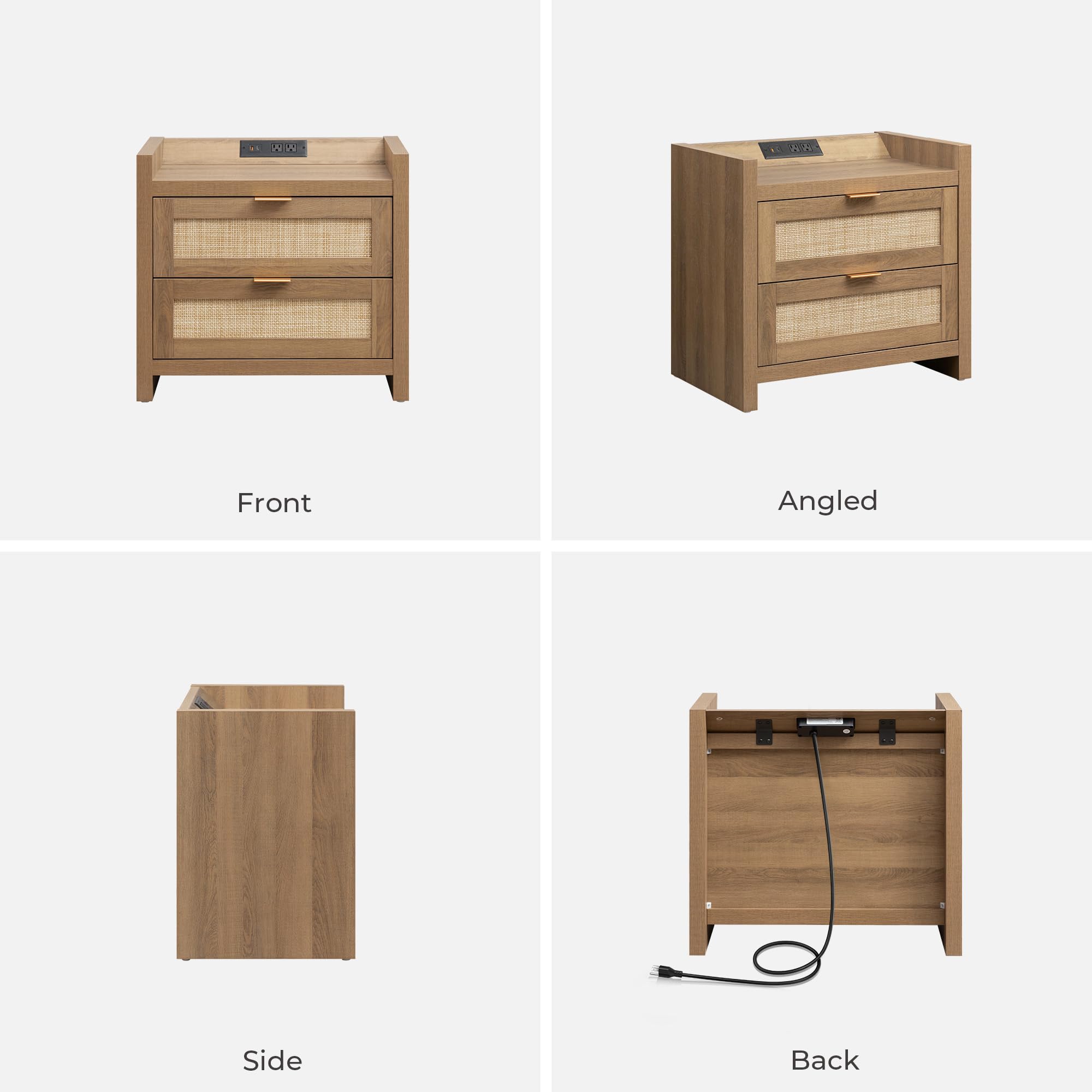 Natural Oak Rattan Nightstand Set of 2, Boho Bedside Tables with Type-C Charging Station & Storage