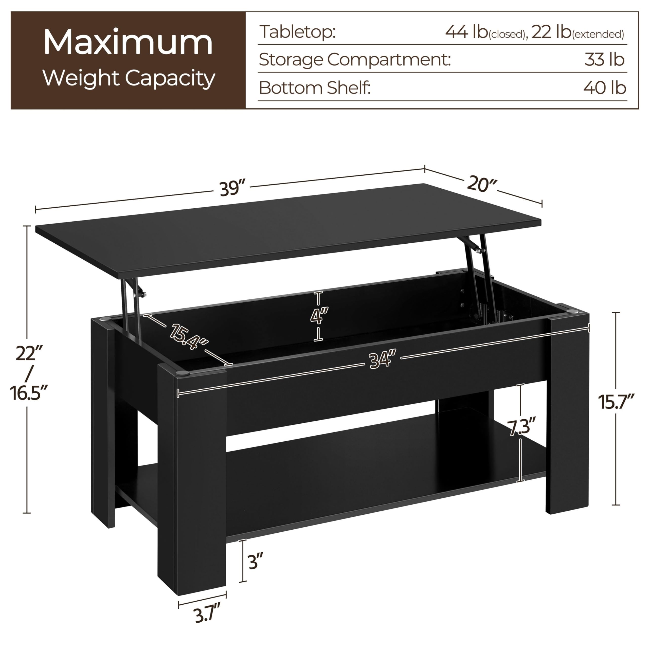 38.6" Lift Top Coffee Table with Hidden Storage, Black Wooden Dining Table for Living Room & Small Spaces