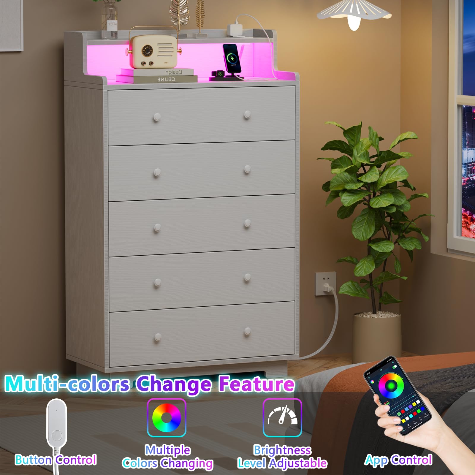 5-Drawer Tall Dresser with LED & Charging Station, White Wood Storage Chest for Bedroom, Closet, or Entryway