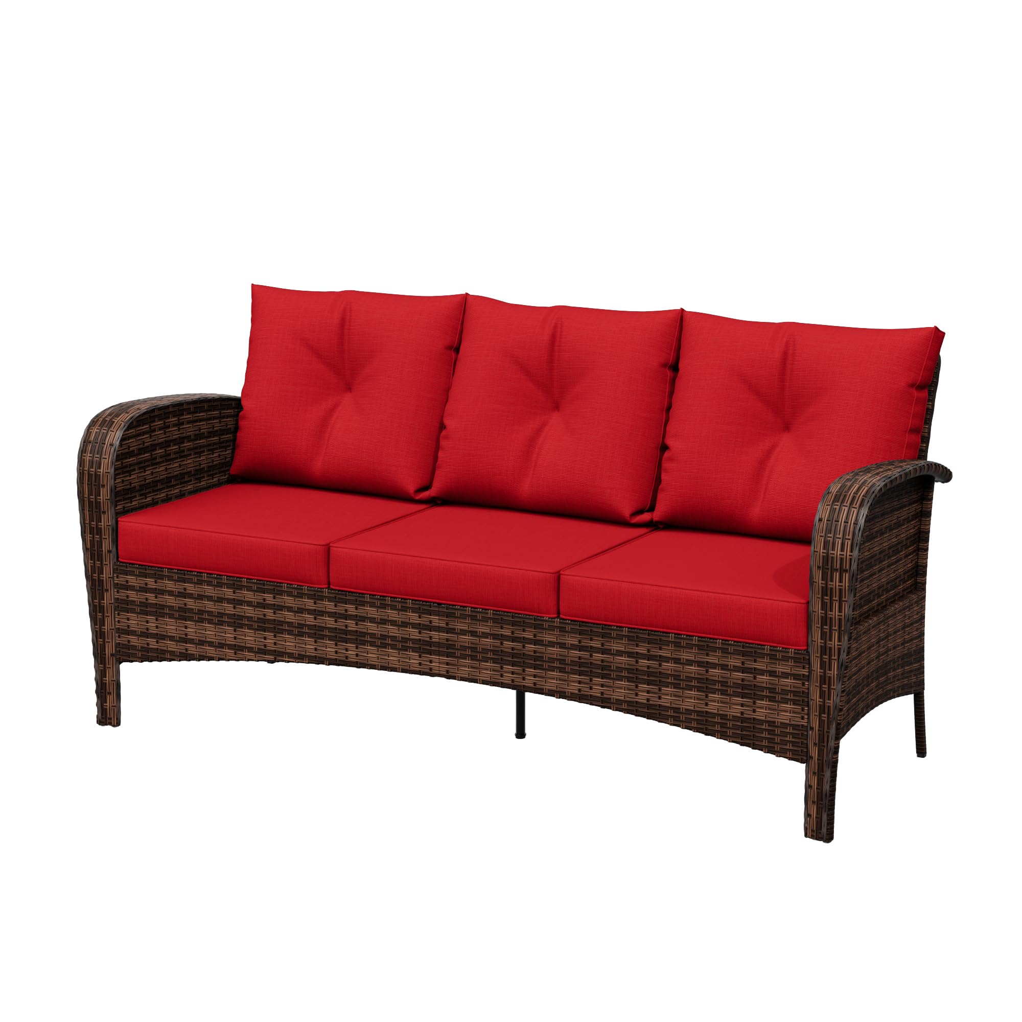 73" Red Wicker Patio Sofa, 3-Seater Rattan Couch with Cushions, Outdoor Deep Seat Furniture for Porch