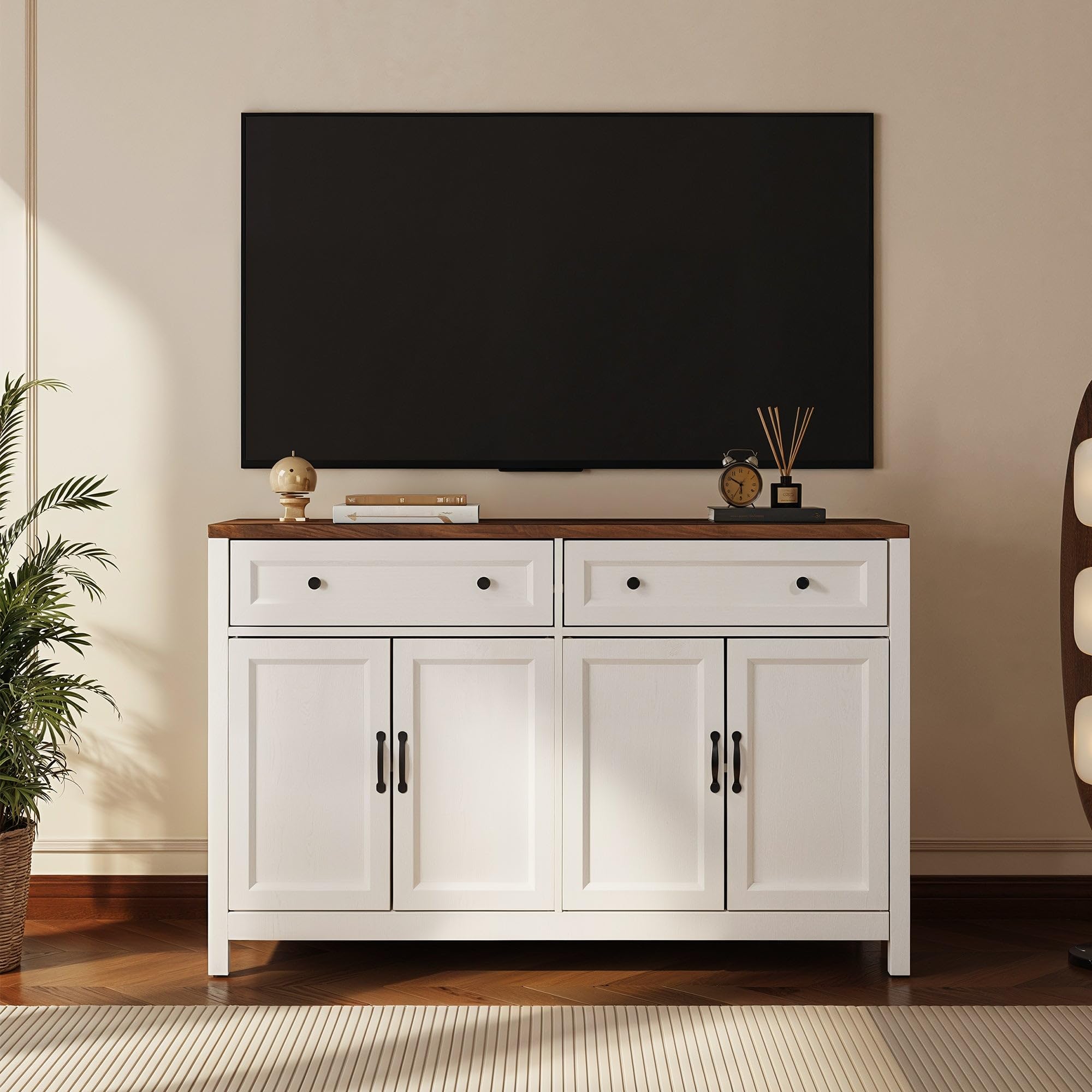 Farmhouse Sideboard Buffet Cabinet with Storage, White/Rustic Brown Coffee Bar with Drawers & Doors for Dining Room