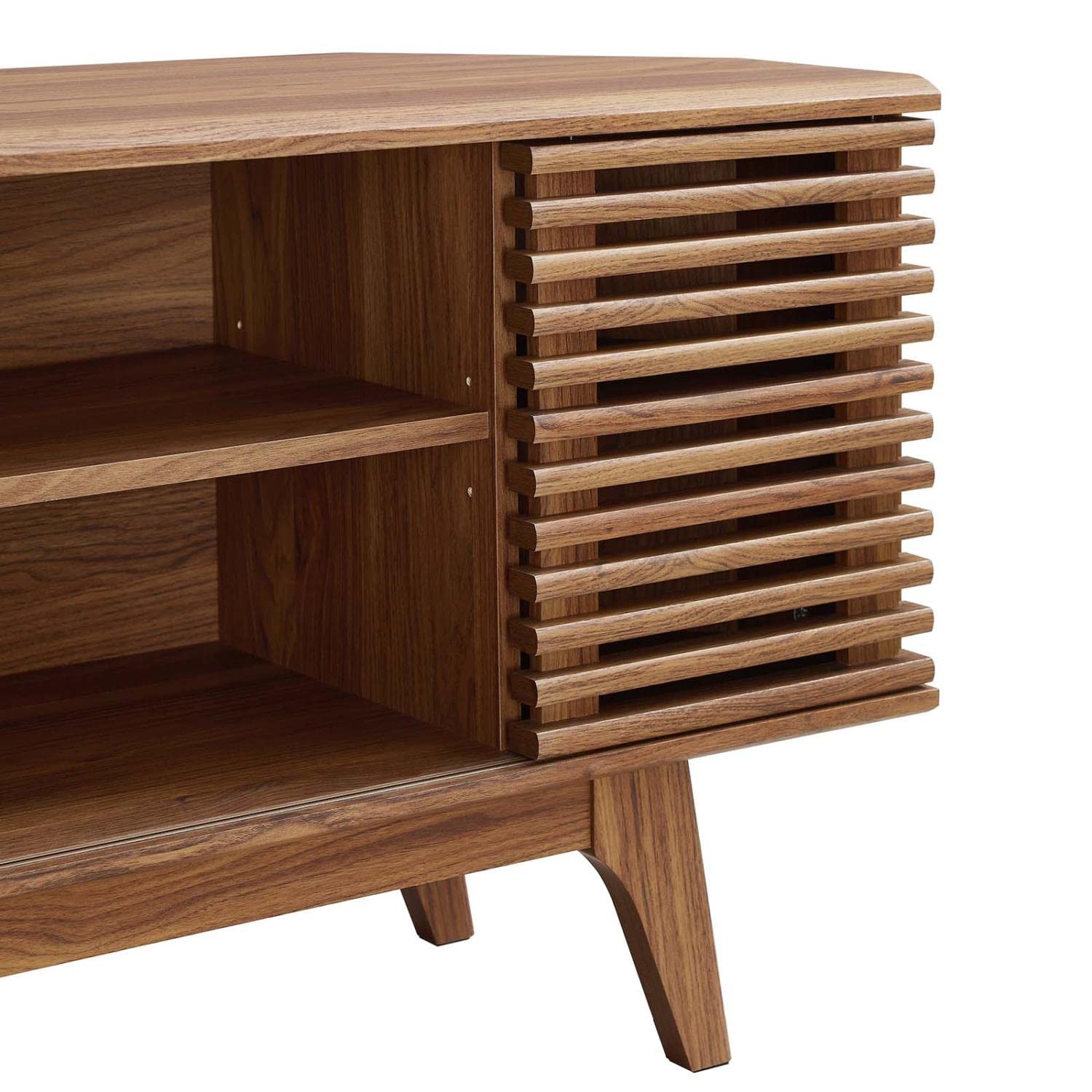 Mid-Century Low Profile TV Stand – 46" Wide Corner Entertainment Console in Walnut Finish for Small Spaces