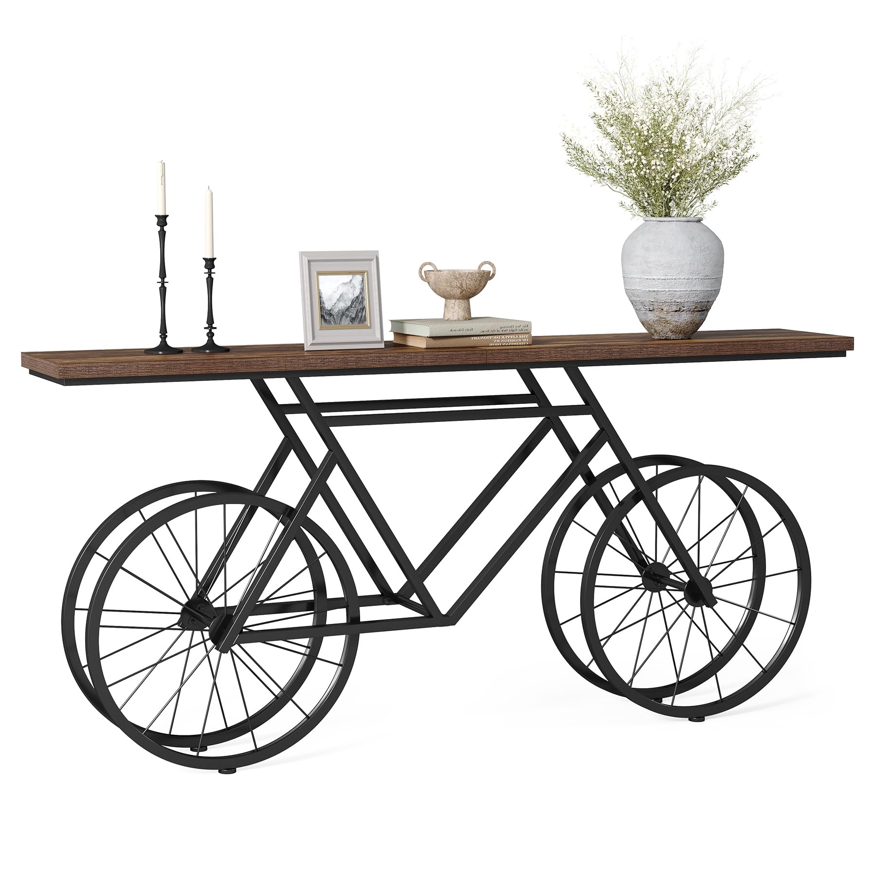 70.9" Extra Long Narrow Sofa Table, Farmhouse Console with Unique Bicycle Base for Living Room, Entryway, Rustic Brown