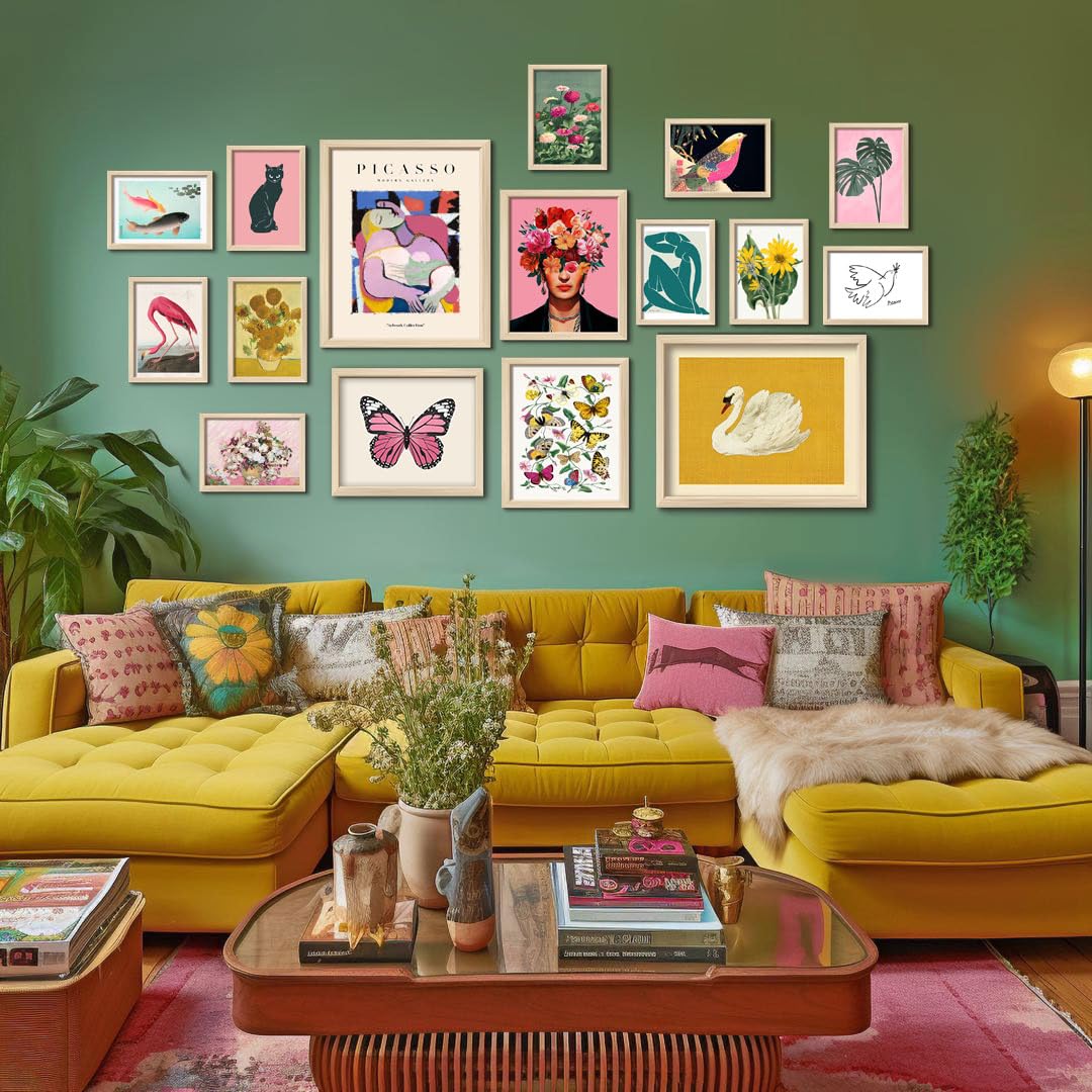 16-Piece Framed Eclectic Wall Art Set – Colorful Maximalist Prints for Bedroom, Dorm, Living Room, or Gallery
