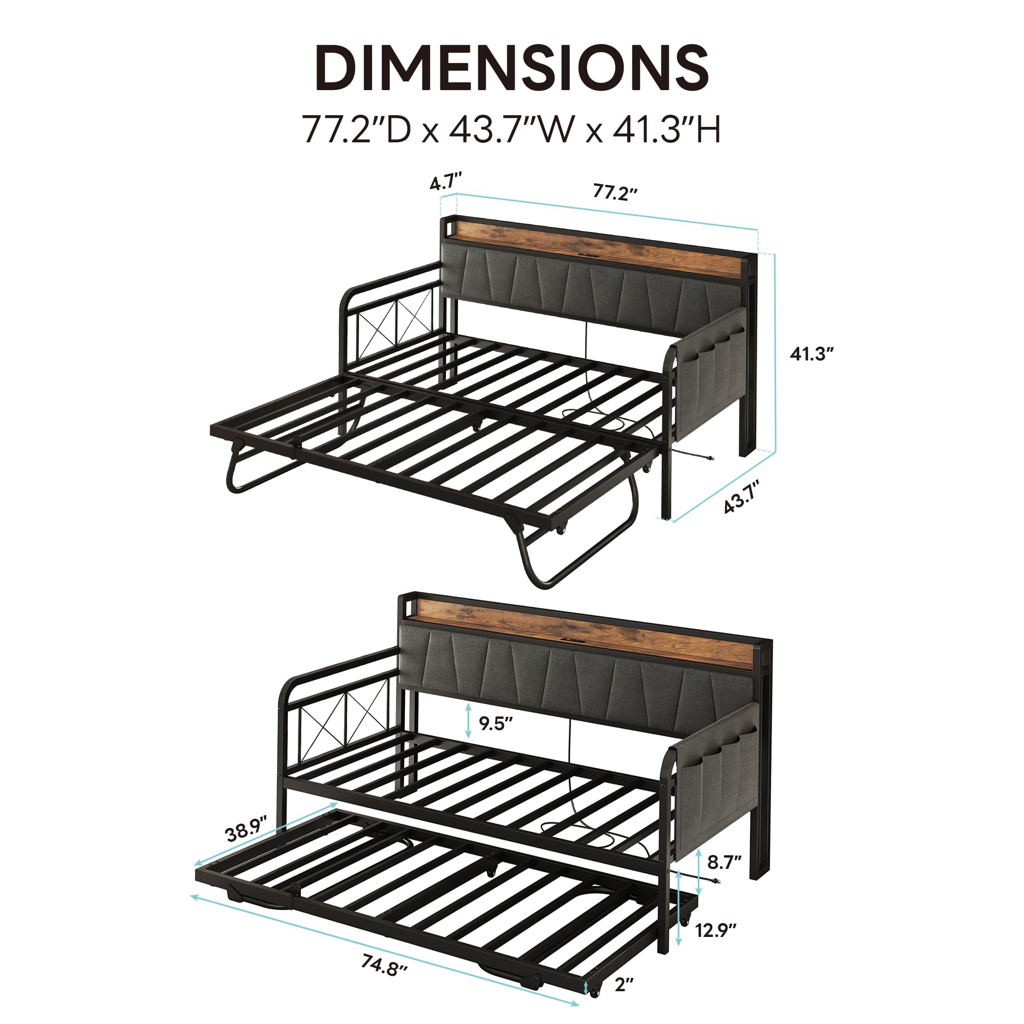 Grey Daybed with Trundle – Twin Sofa Bed with Storage Headboard & Charging Station for Bedroom or Guest Room