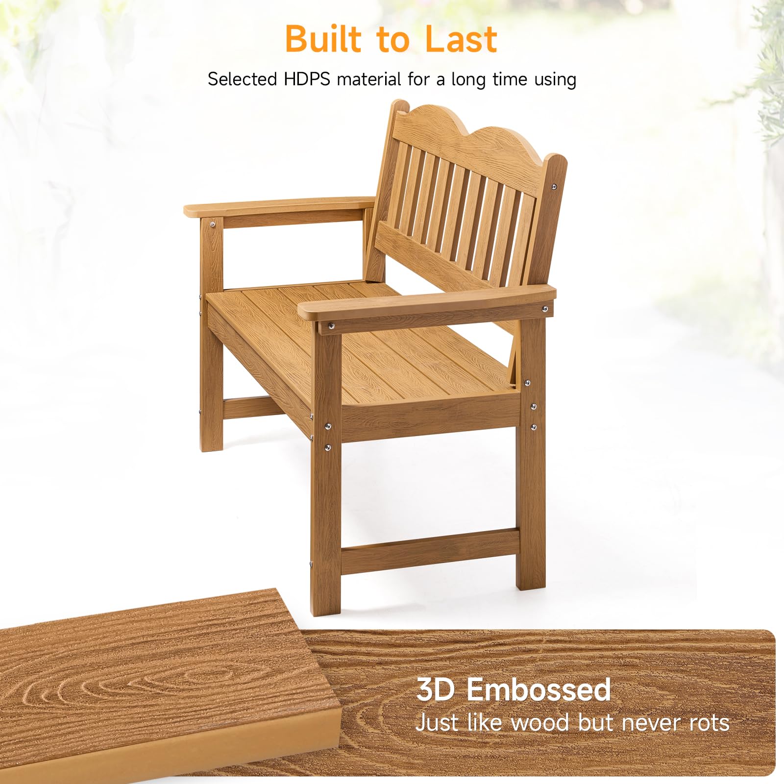 Teak Poly Lumber Outdoor Garden Bench, 2-Person All-Weather Patio Bench with Armrests and Backrest