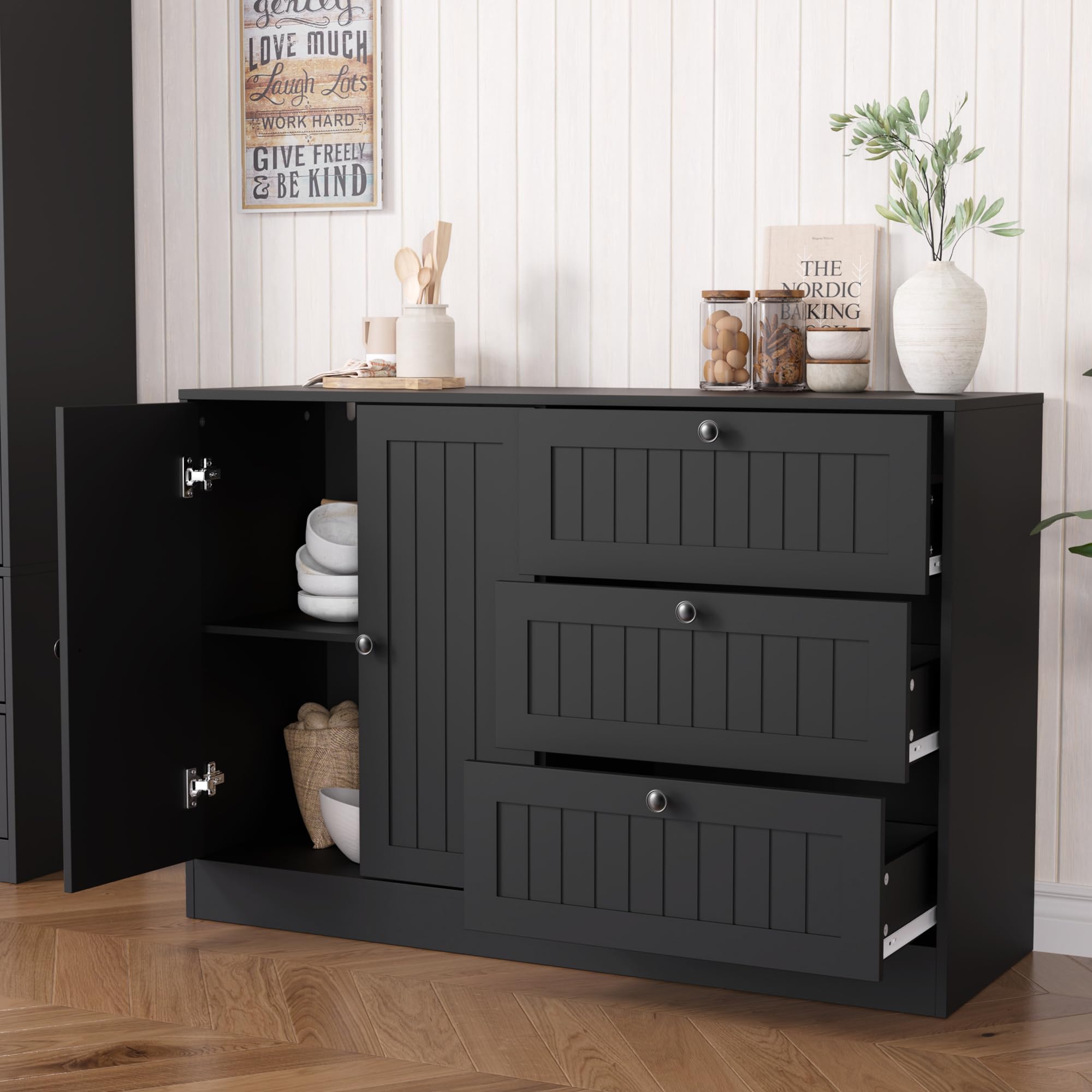 Sideboard Buffet Cabinet with Storage, 47" Black Farmhouse Kitchen Cabinet with 3 Drawers, Coffee Bar for Living Room