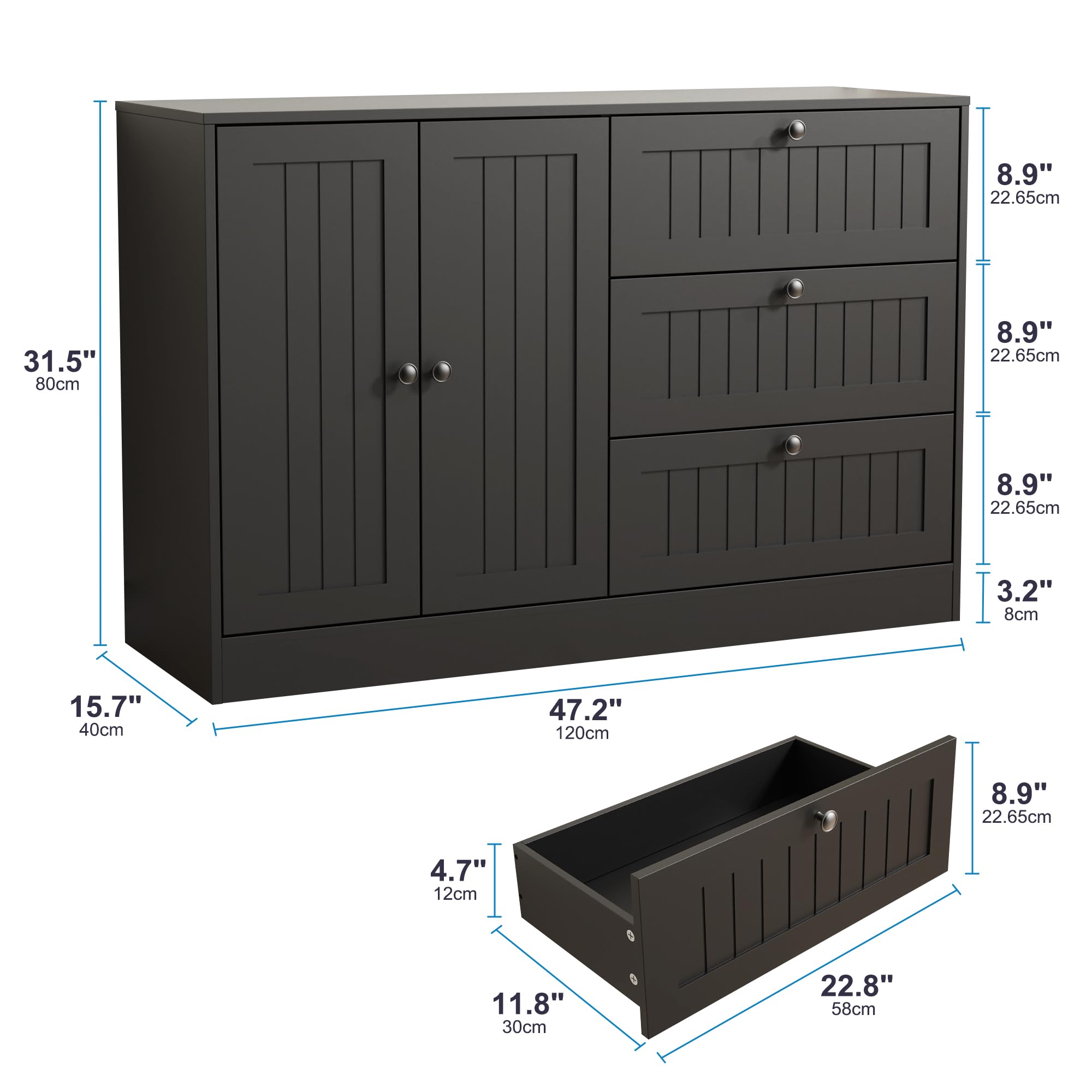 Sideboard Buffet Cabinet with Storage, 47" Black Farmhouse Kitchen Cabinet with 3 Drawers, Coffee Bar for Living Room