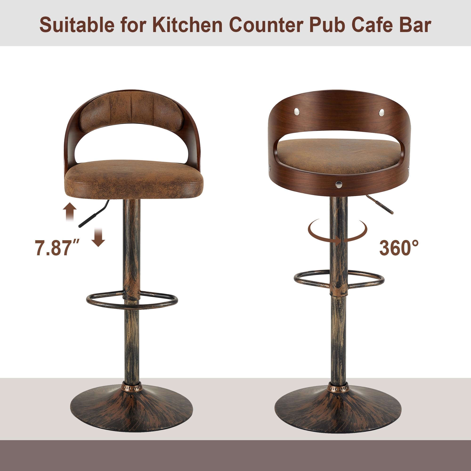 Bar Stool Set of 4, 360° Swivel PU Leather Counter Stools with Bentwood Back, Arm & Footrest, Adjustable Height, Rustic Brown