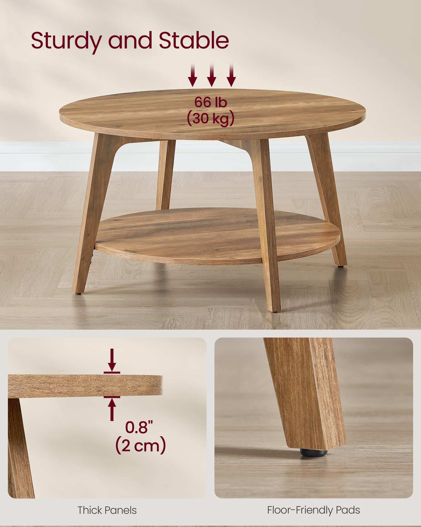 Round Coffee Table, 31.5" 2-Tier Living Room Table with Storage Shelf, Honey Brown Finish, ULCT243K41