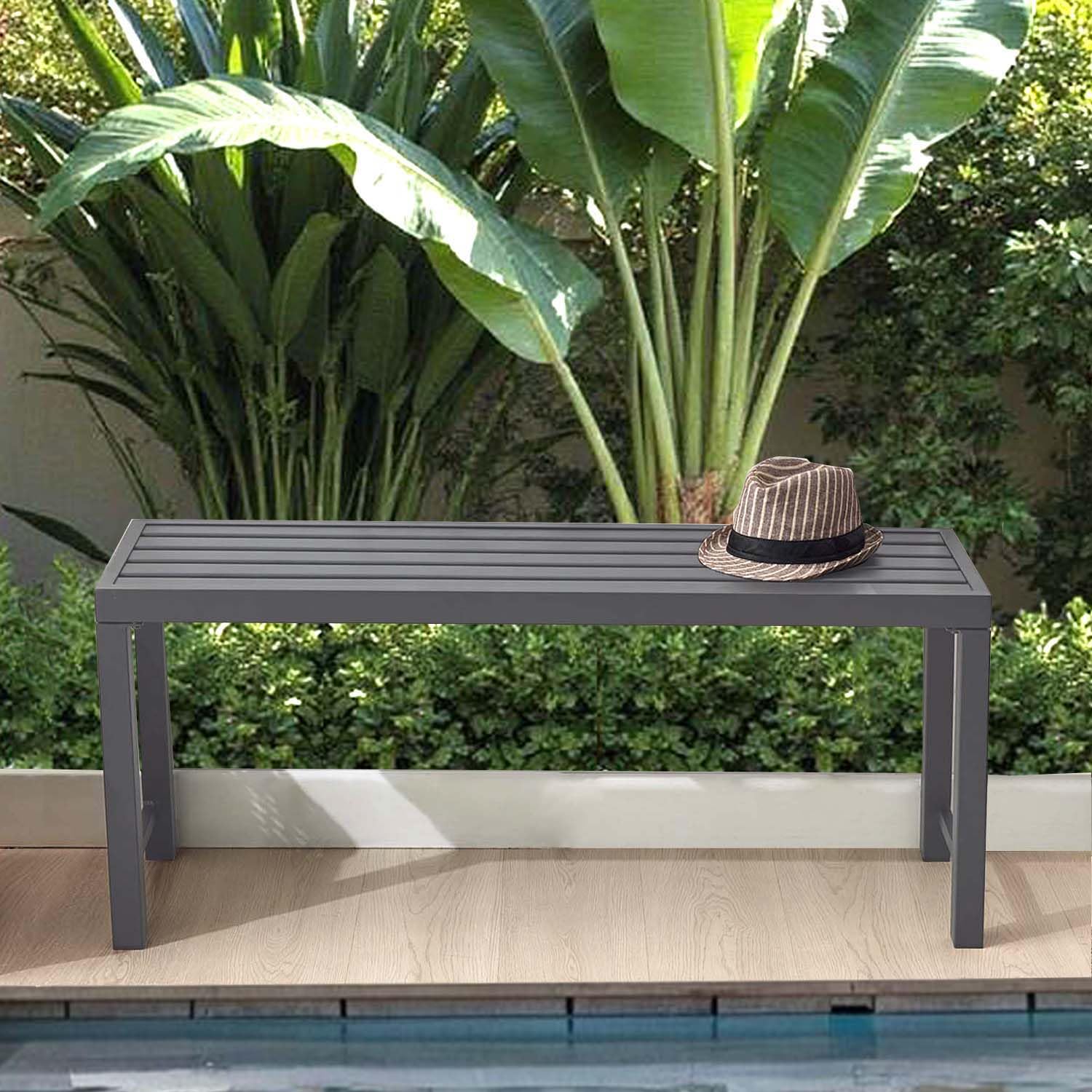 Set of 2 Outdoor Grey Metal Garden Benches, Patio Backless Benches for Porch, Lawn, Balcony, Backyard, Park