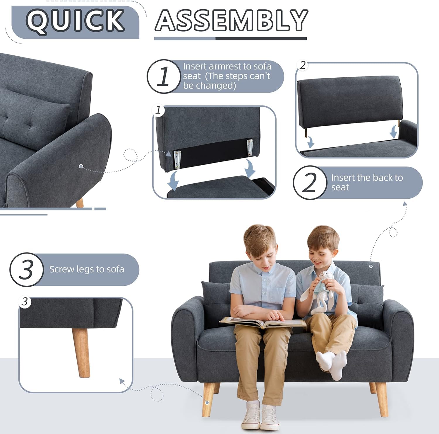 47" Linen Loveseat Sofa – Compact Dark Grey 2-Seater Couch with Pillows, Ideal for Apartments & Small Spaces