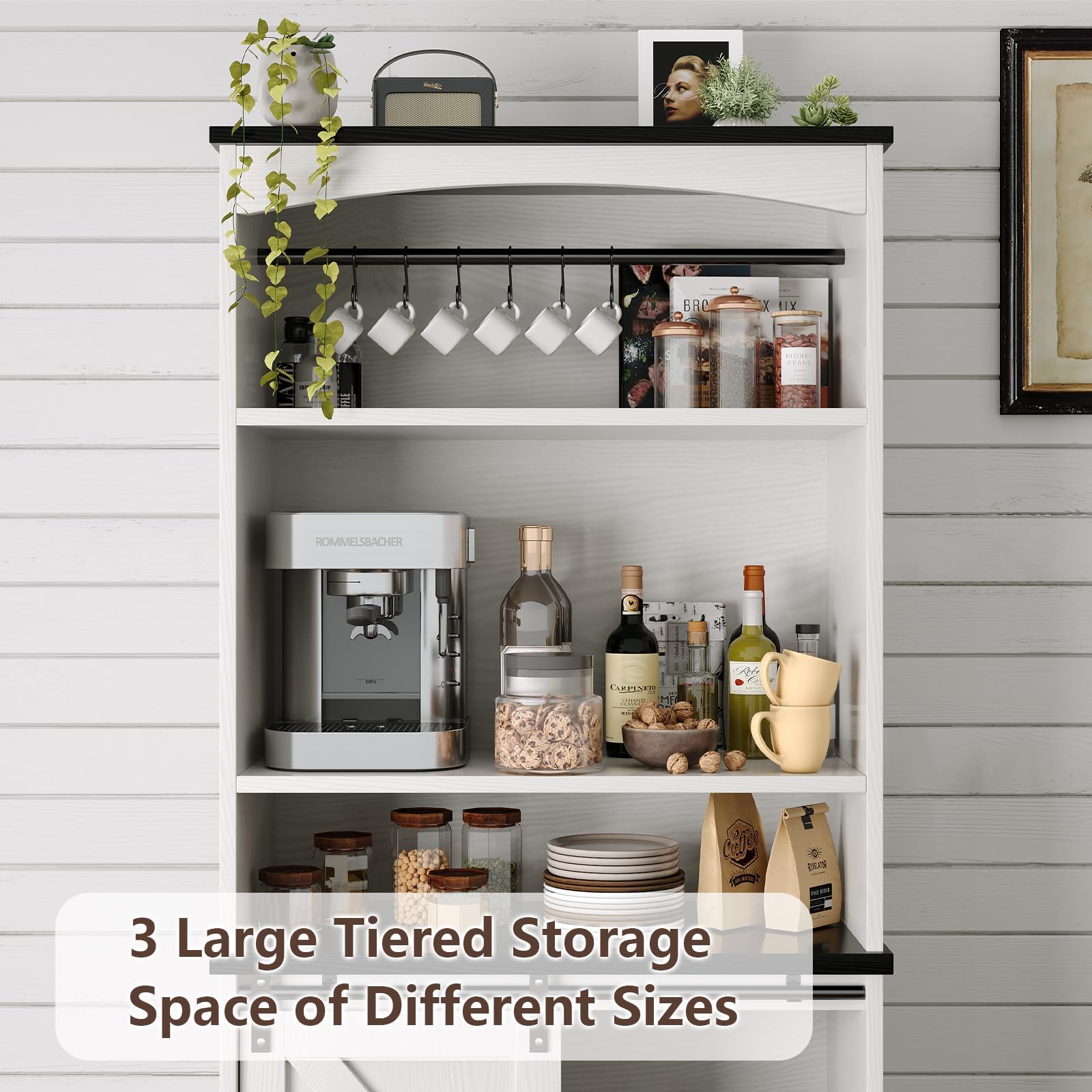 Farmhouse Coffee Bar Cabinet with Hutch, 70" White Buffet Cabinet with 3 Tier Shelves & Sliding Barn Door for Dining Room
