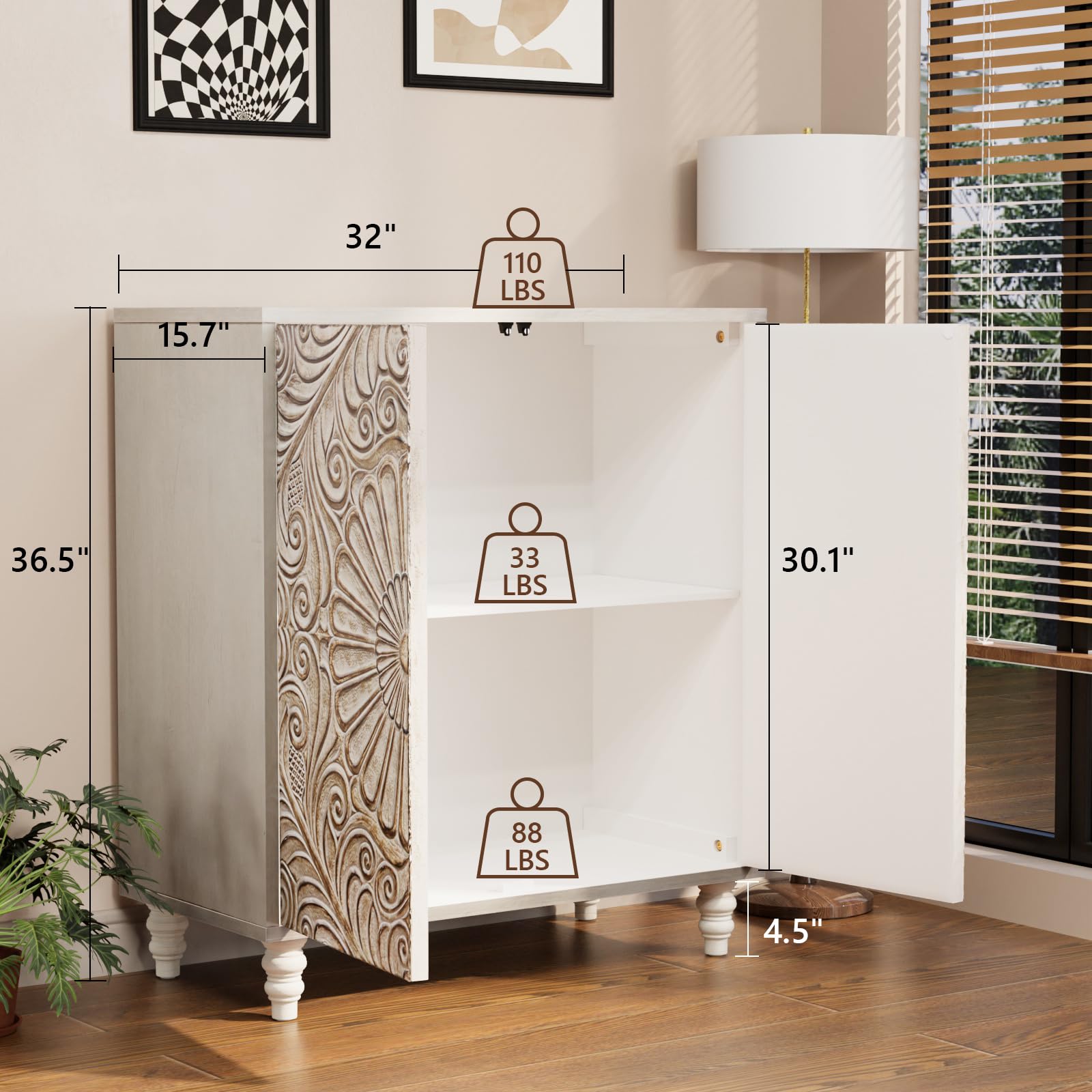 32" Sideboard Buffet Cabinet with Flower Pattern Doors, Vintage Push-to-Open Storage Table for Hallway, Gray