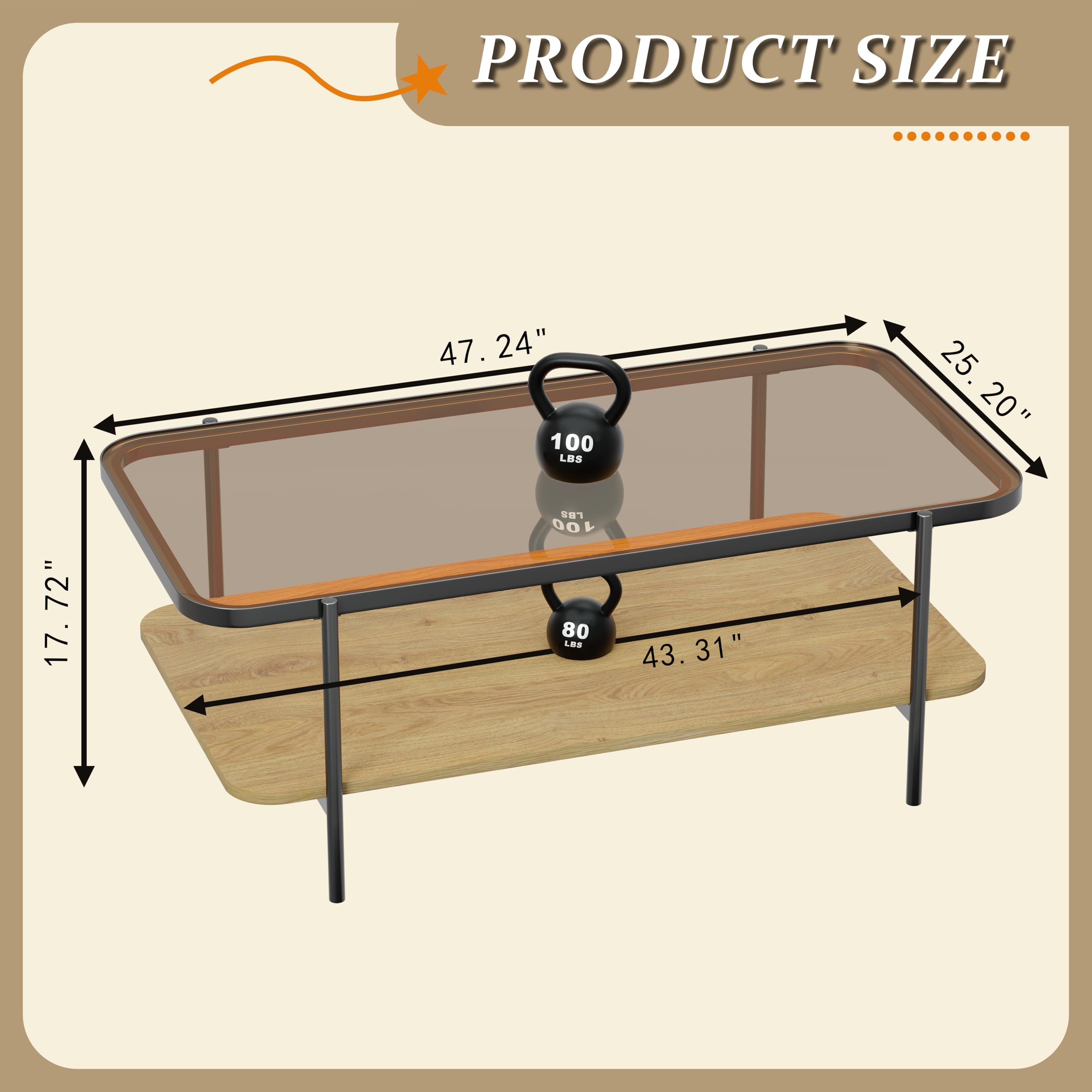 Brown Glass Coffee Table, Modern 2-Tier Table with Metal Legs, Open Storage & Rounded Corners, Rectangular Living Room Table
