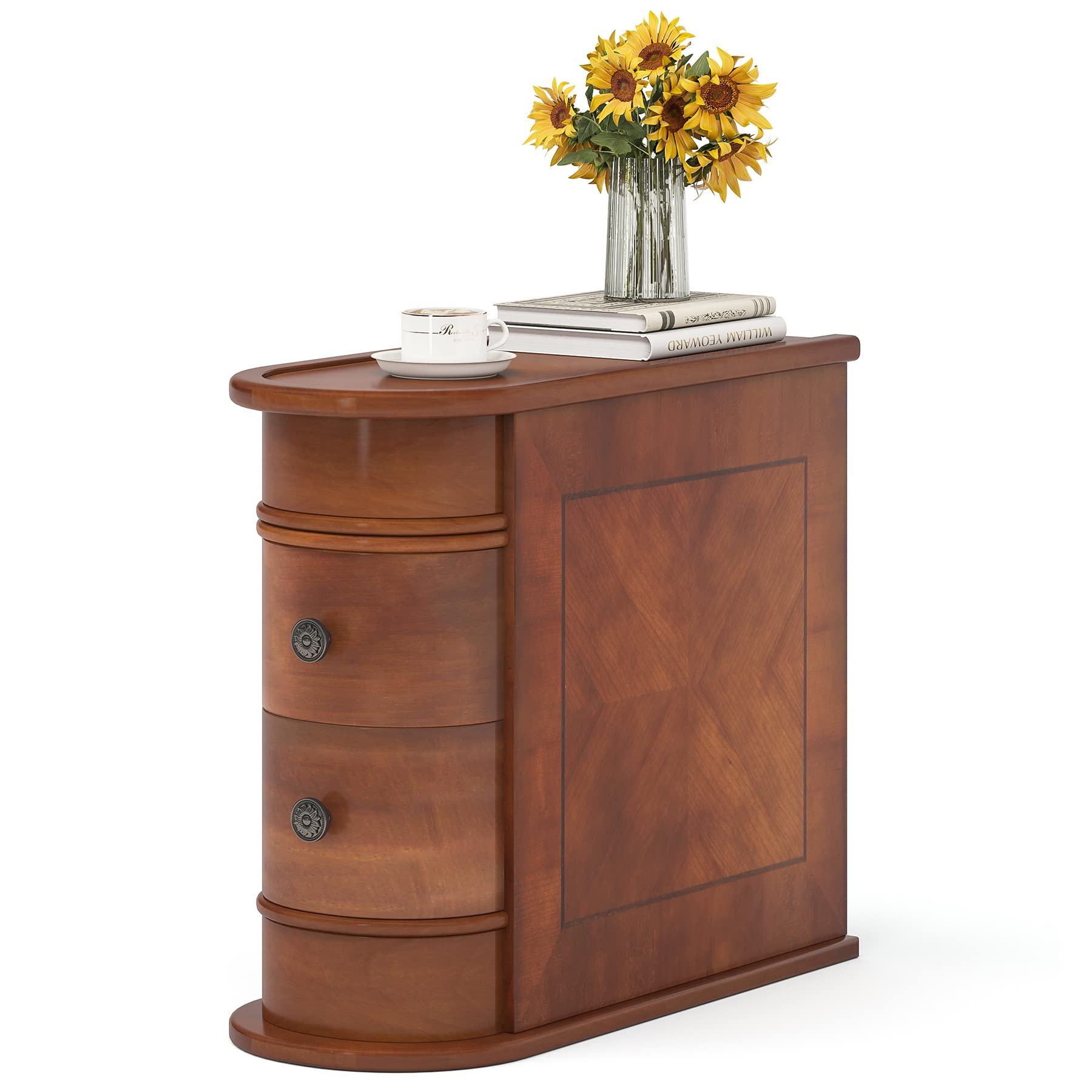 Vintage Wood End Table with 2 Drawers, No Assembly Slim Nightstand for Bedroom or Sofa Side Table