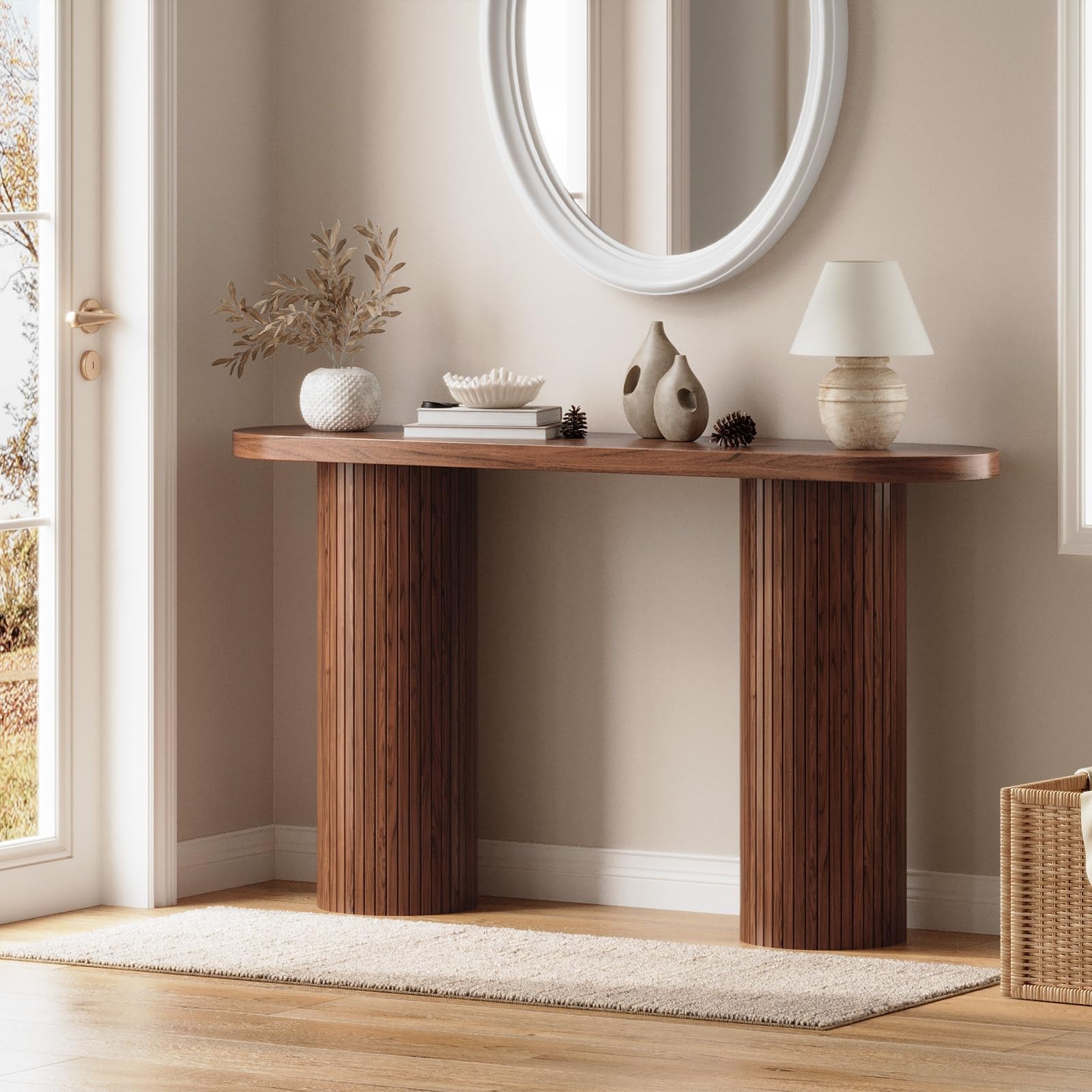 55" Fluted Console Table, Modern Wood Entryway Table for Behind Sofa or Hallway, Farmhouse Style, Walnut Finish