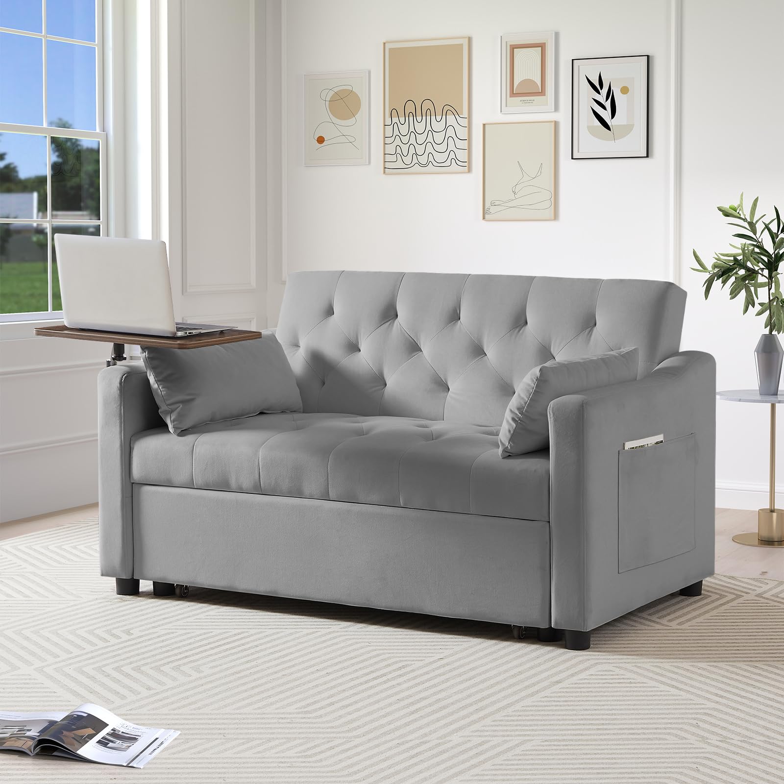 3-in-1 Convertible Sleeper Loveseat Sofa Bed with Pull-Out Couch, Adjustable Backrest & Swivel Side Table