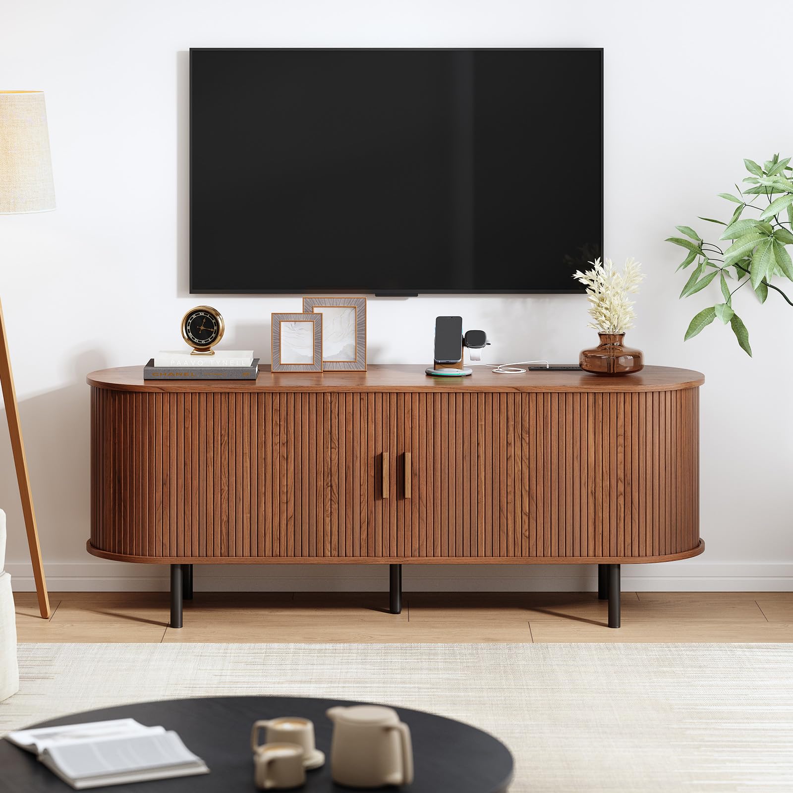 60" TV Stand with Power Outlet – Mid-Century Modern Entertainment Console with Sliding Doors & Adjustable Shelves, Walnut