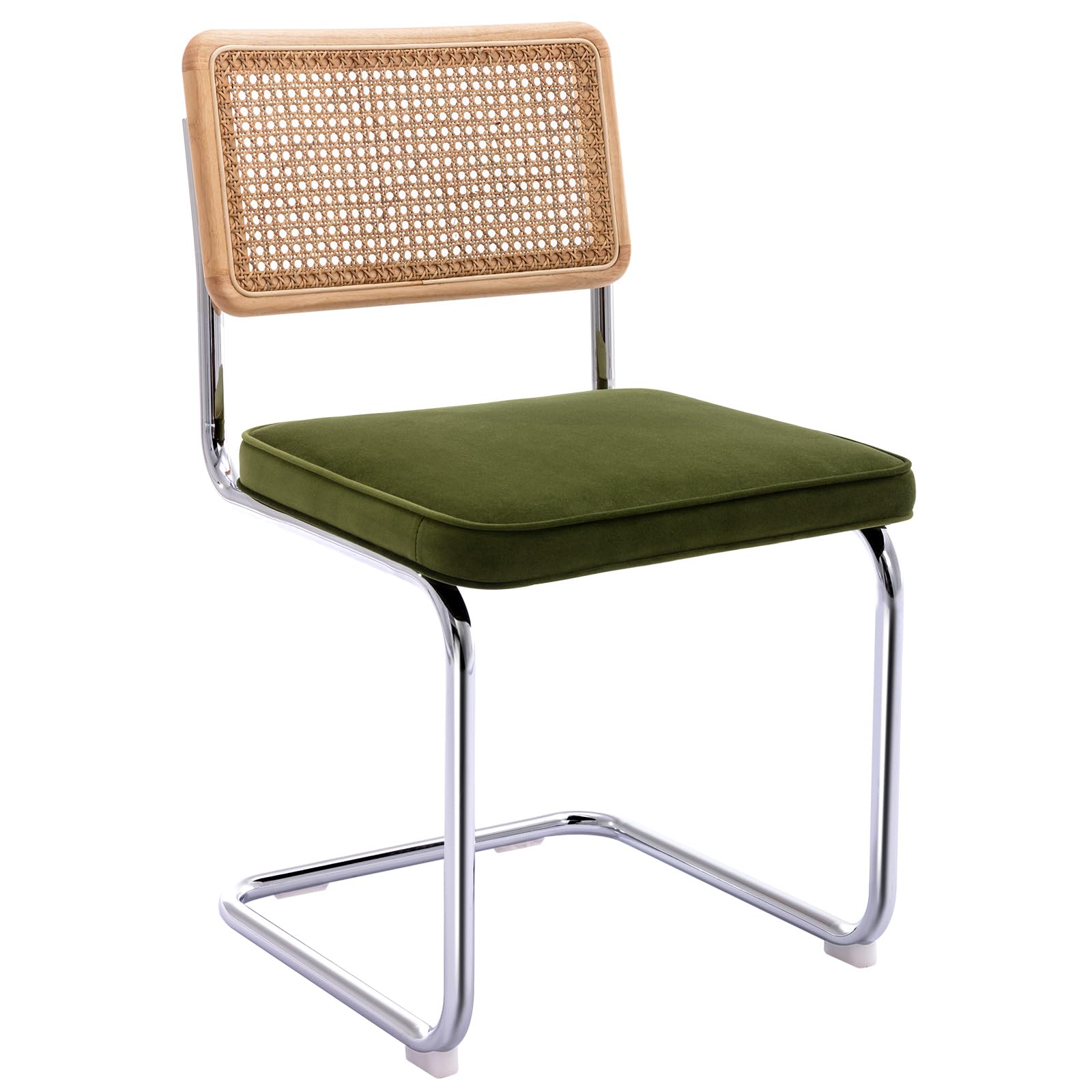 Set of 2 Rattan Dining Chairs, Green Velvet Upholstered Boho Kitchen Chairs with Wood Back & Chrome Base